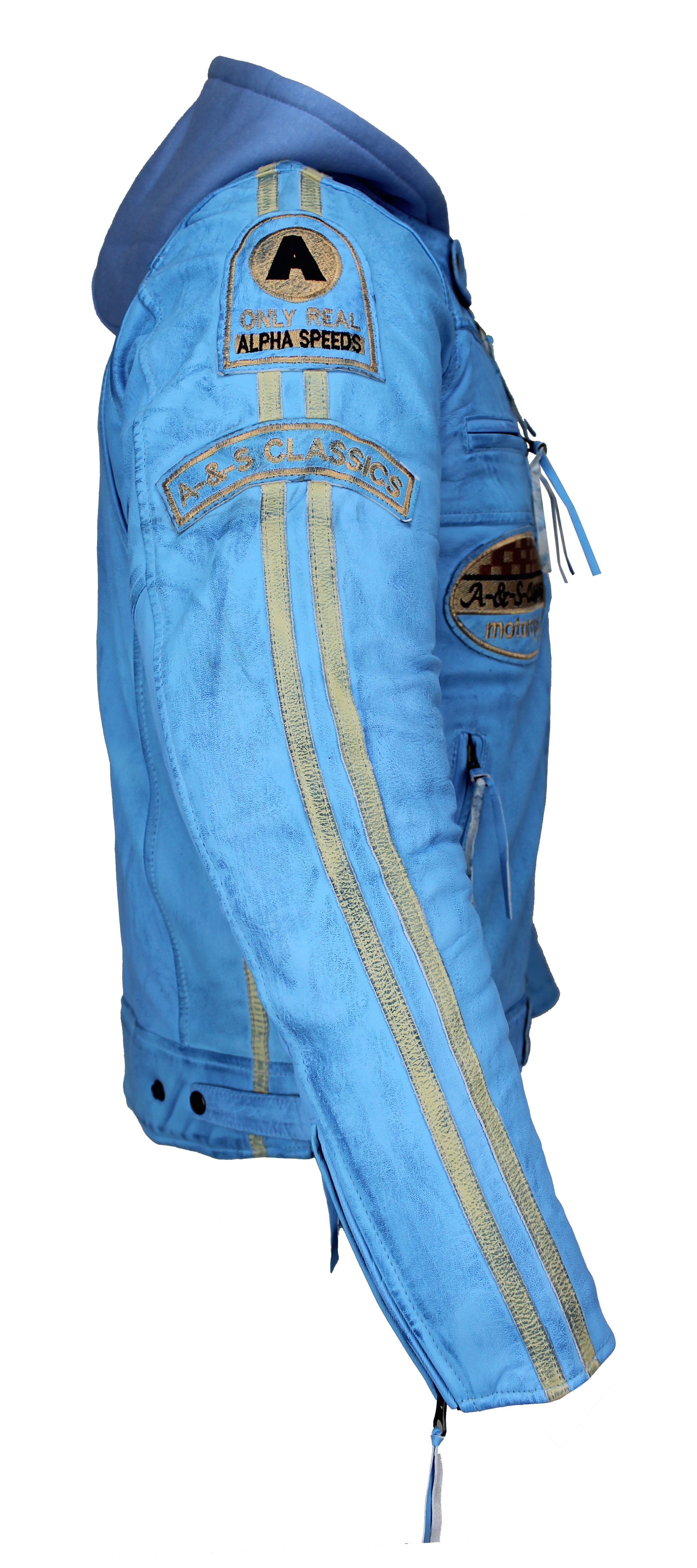 Alpha Speeds Motorradjacke Herren Leder Jacke Biker Freizeit Highway Jacke Blau (Trennbare Innenjacke + Kapuze) aus weichem Lammleder, mit herausnehmbare Protek – Bild 4 von 5