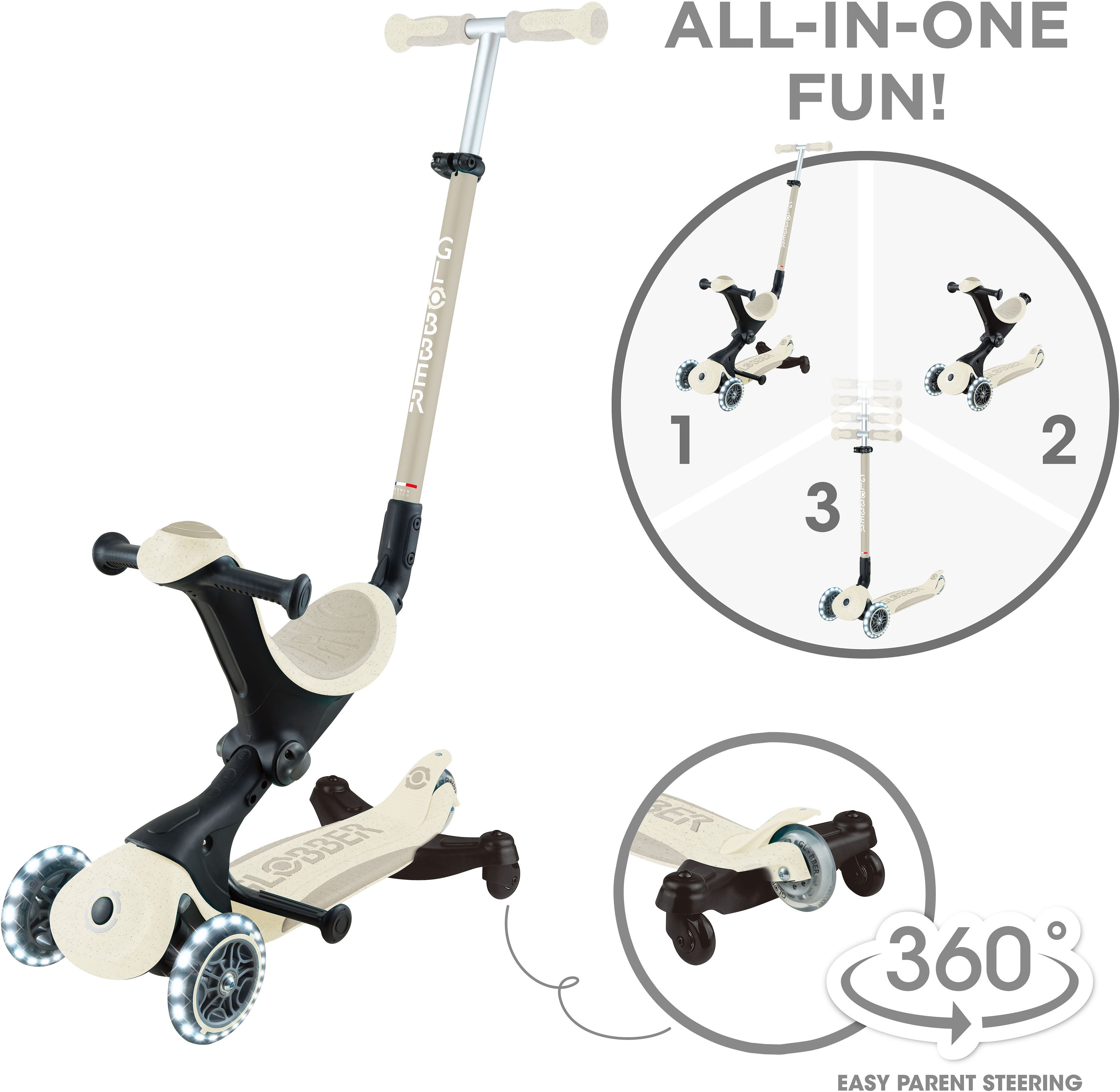Globber Tretroller GO-UP DELUXE LIGHTS ECO 360, mit Leuchtrollen, Aufsitzrad mit Schubstange, Laufrad und Scooter