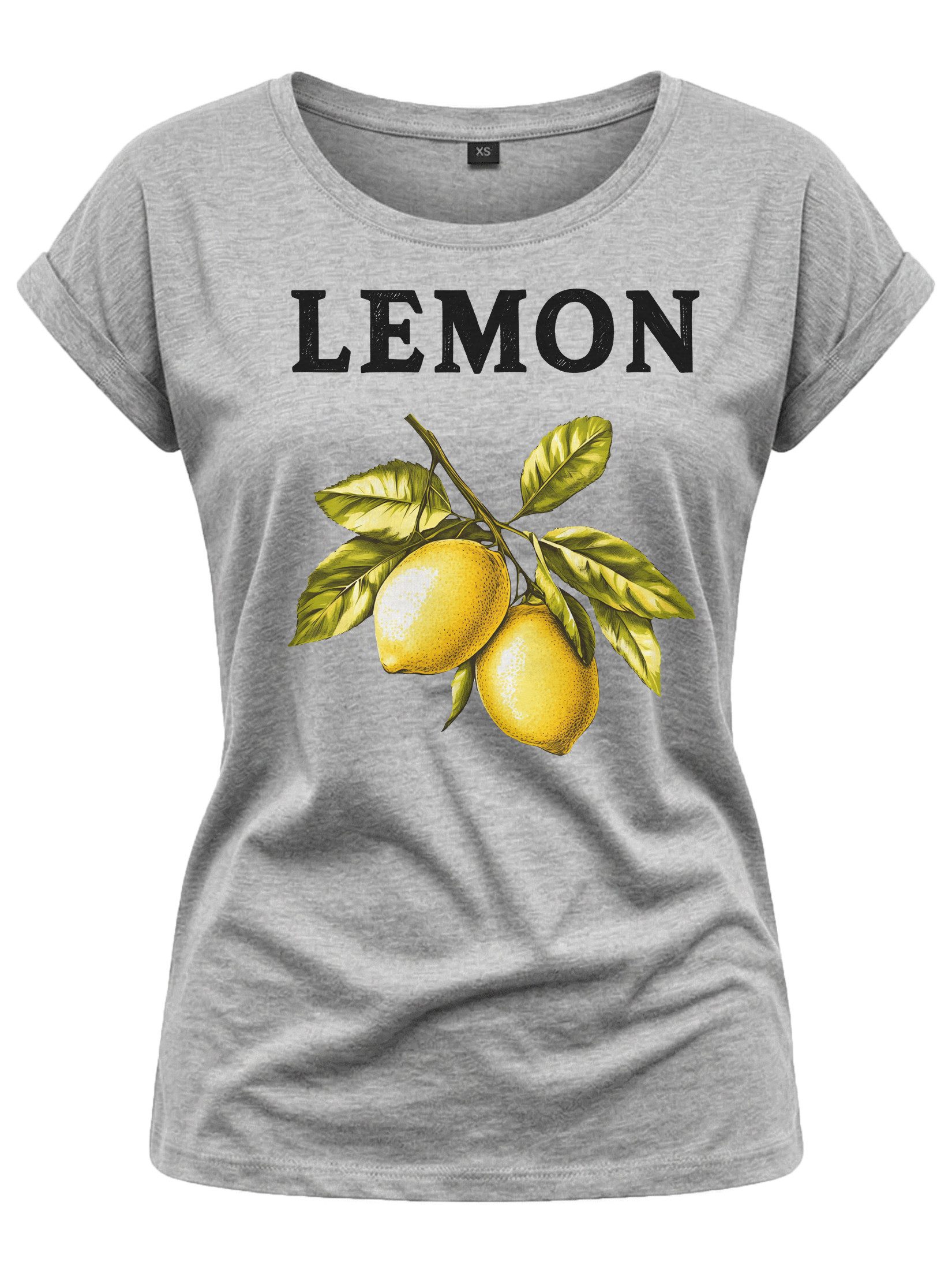 MAKAYA Kurzarmshirt mit Zitronen Print für Damen Modern Lässig Elegant (Weiß, Rosa, Grau, Grün, 34, 36, 38, 40, 42, 44, 46, 48, 50) aus Baumwolle