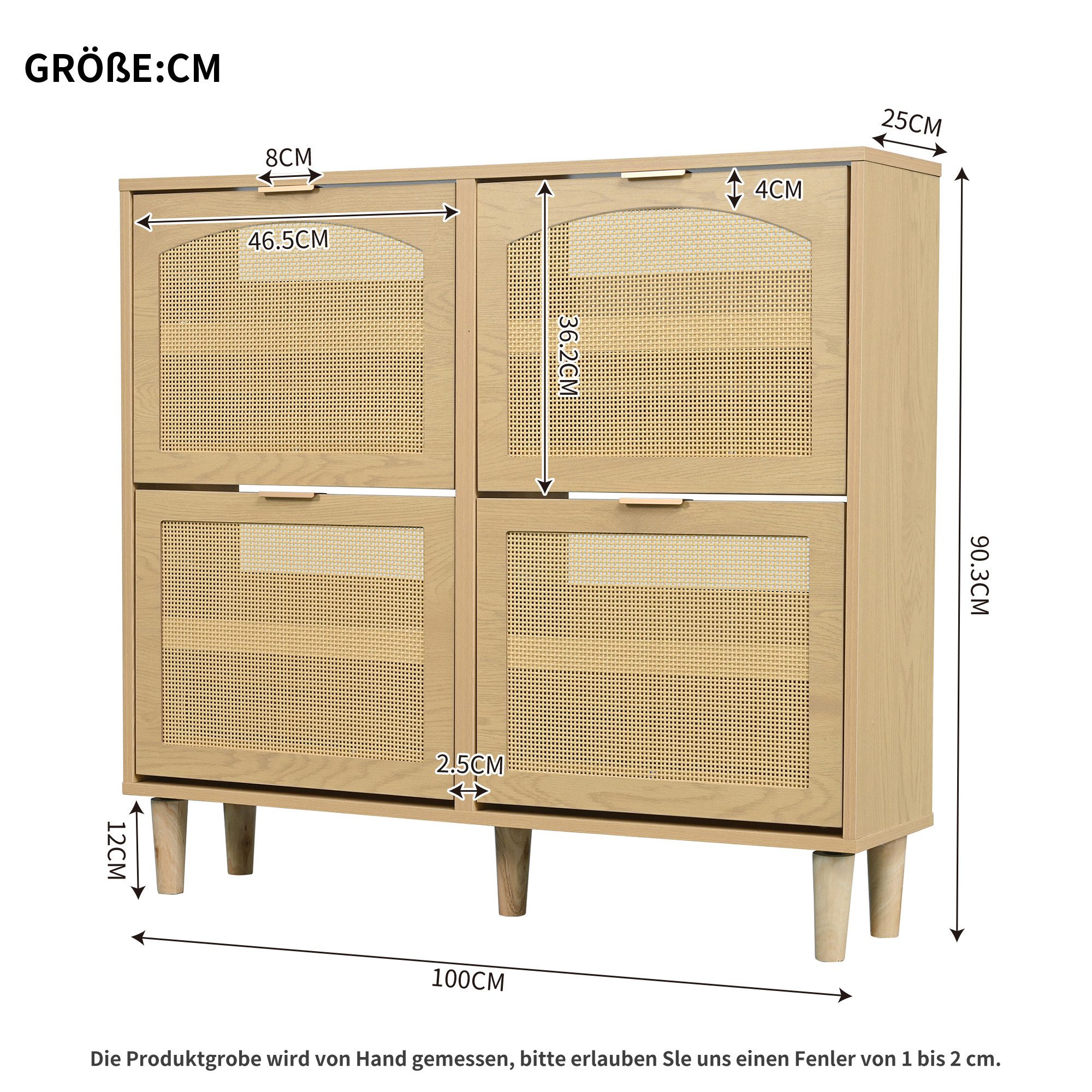KLAM HOME Schuhschrank Schuhkommode aus Rattan mit Metallgriffen und 4 Klappschubladen (Holzmöbel, Landhausstil, Maße: 100 x 25 x 90 cm) Schuhregal für Flur, Sc – Bild 5 von 5