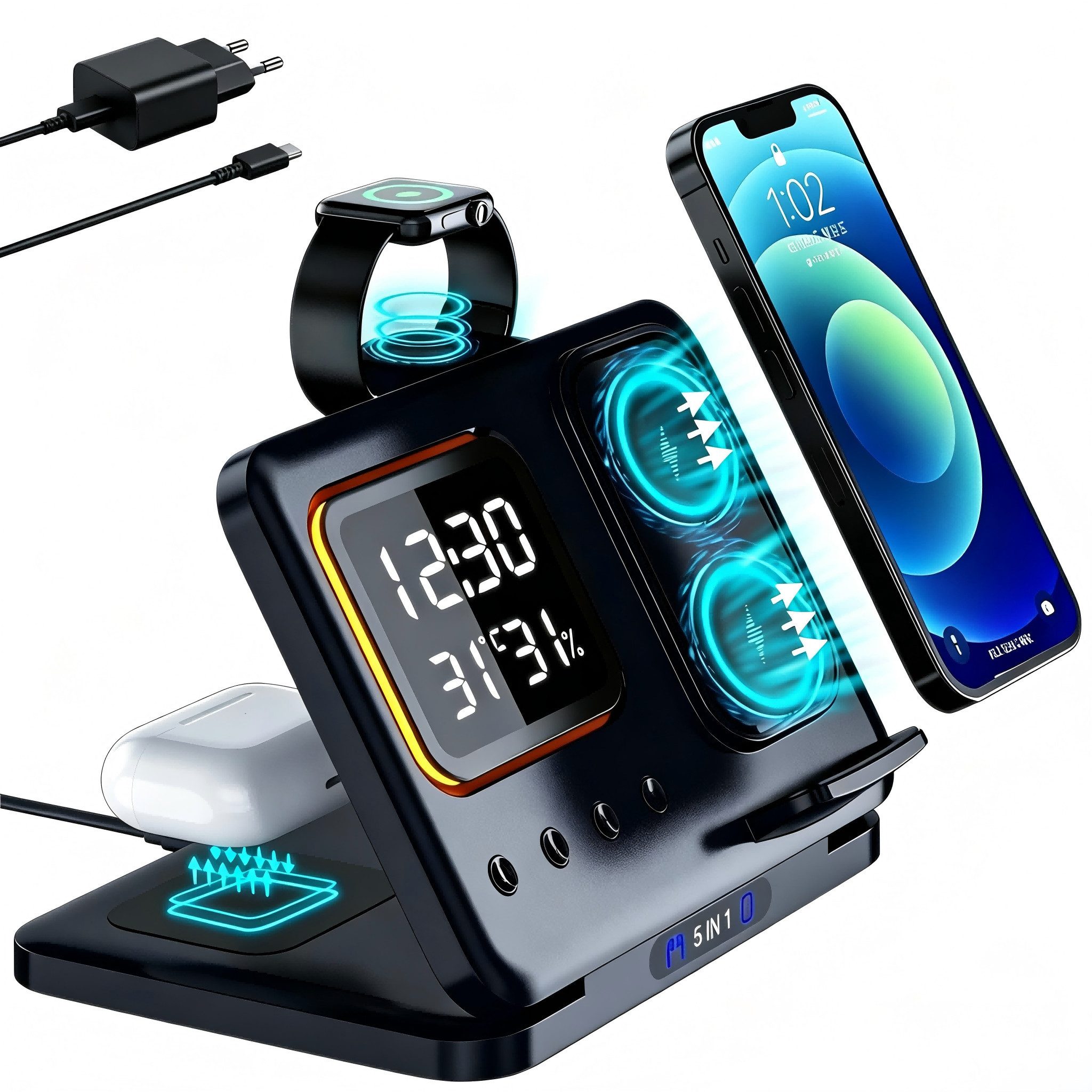 Toomoke Ladegerät, Multi-funktionales 5-in-1 Wireless Charger Ladestation (Digitaler Wecker mit 15W Schnellladung für Apple Watch, Kabellose Ladestation mit LED Nachtlicht und Temperaturanzeige)