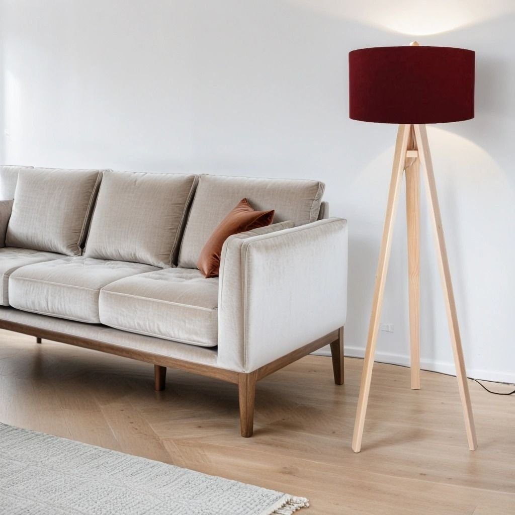 Licht-Erlebnisse Stehlampe AIMEE, ohne Leuchtmittel, Dreibein Standleuchte Bordeaux Rot Silver Holz Stoff klein Wohnzimmer