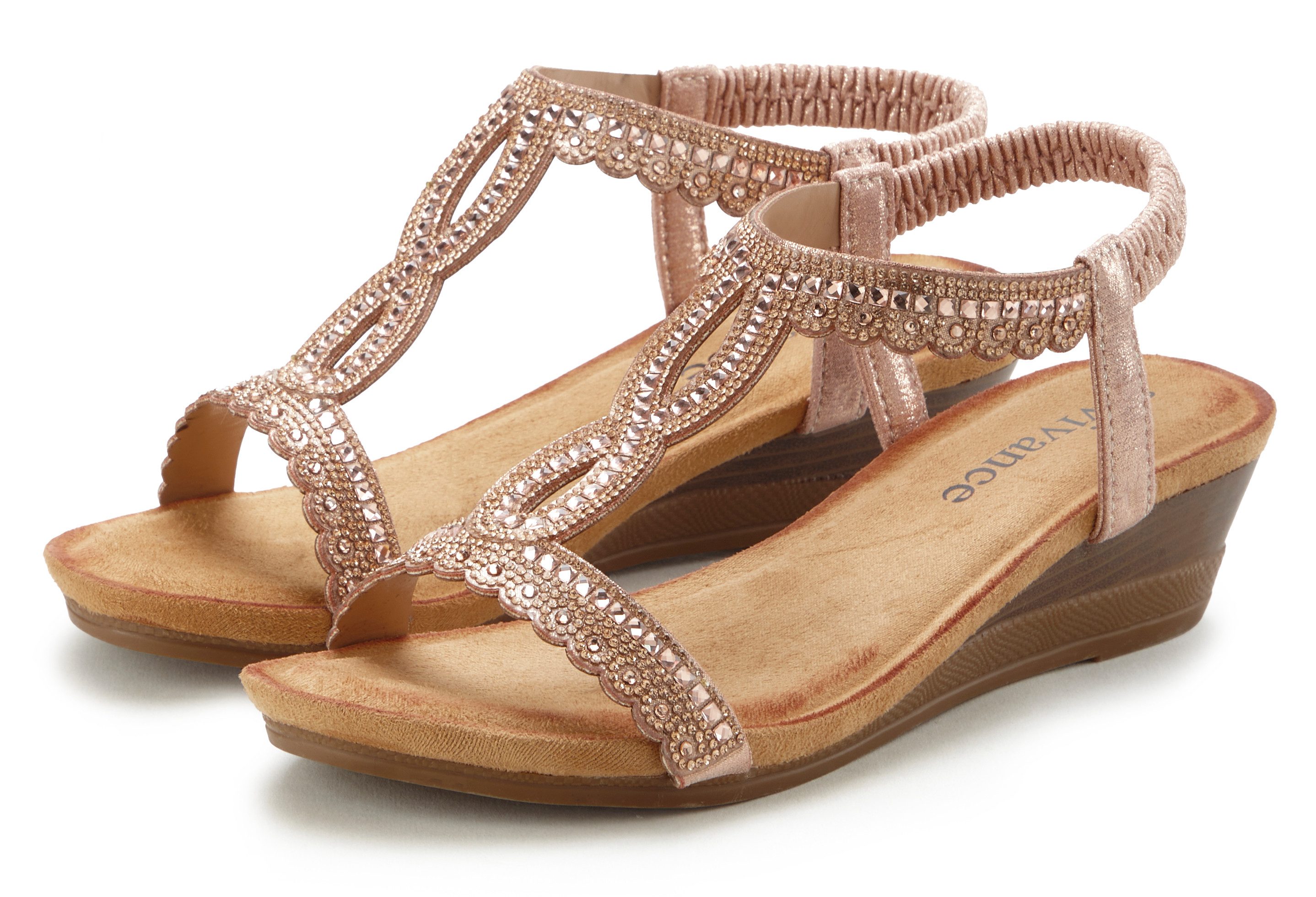 Vivance by Lascana Sommerschuh, offener Schuh, Sandale, Keilsandalette, Sandalette mit Glitzerdetails, Keilabsatz & elastischem Riemchen VEGAN