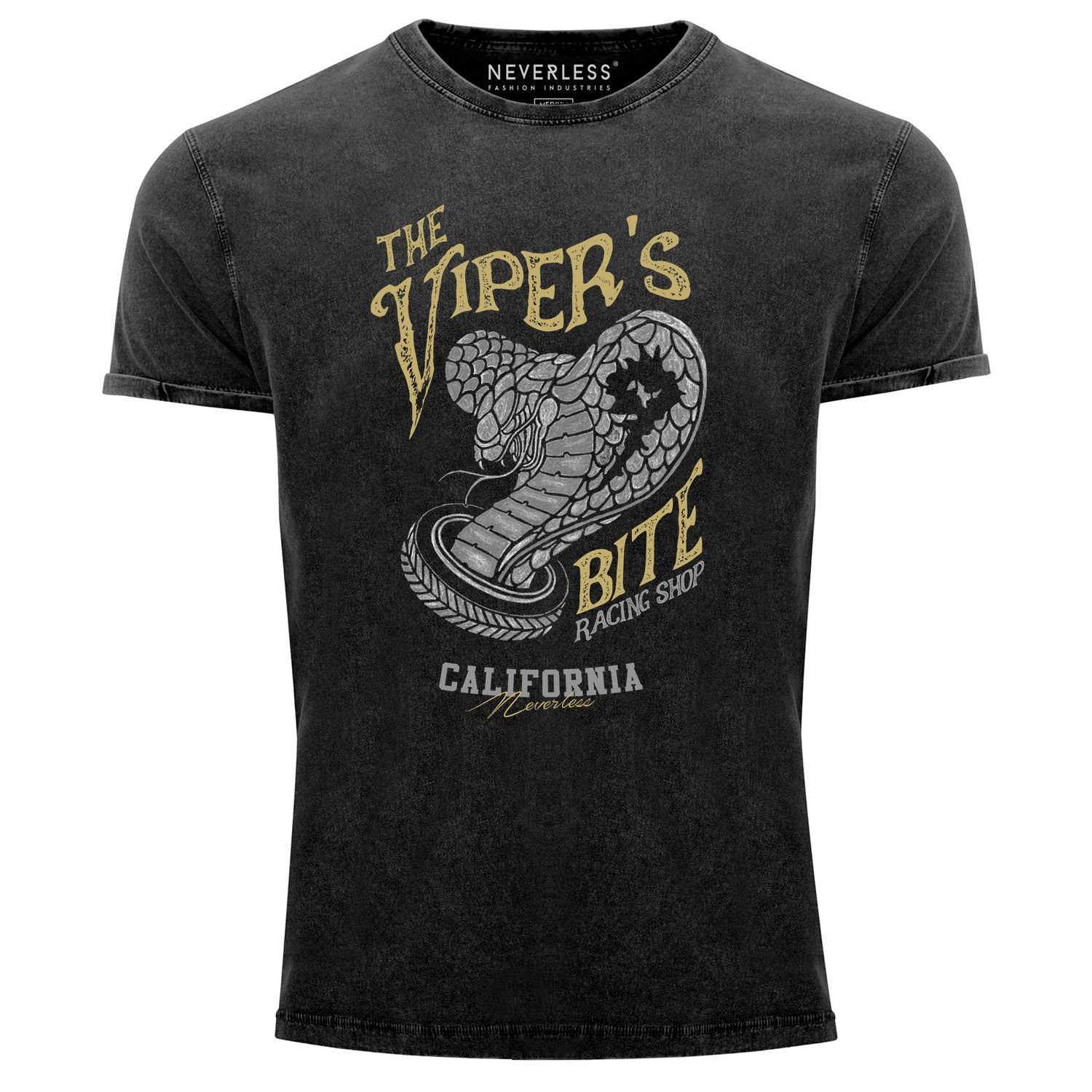 Print Neverless® mit Herren Vintage Fit Look Printshirt Print-Shirt Tattoo California Slim T-Shirt Shop Bite The Used Racing Vipers Shirt Style Klapperschlange Neverless