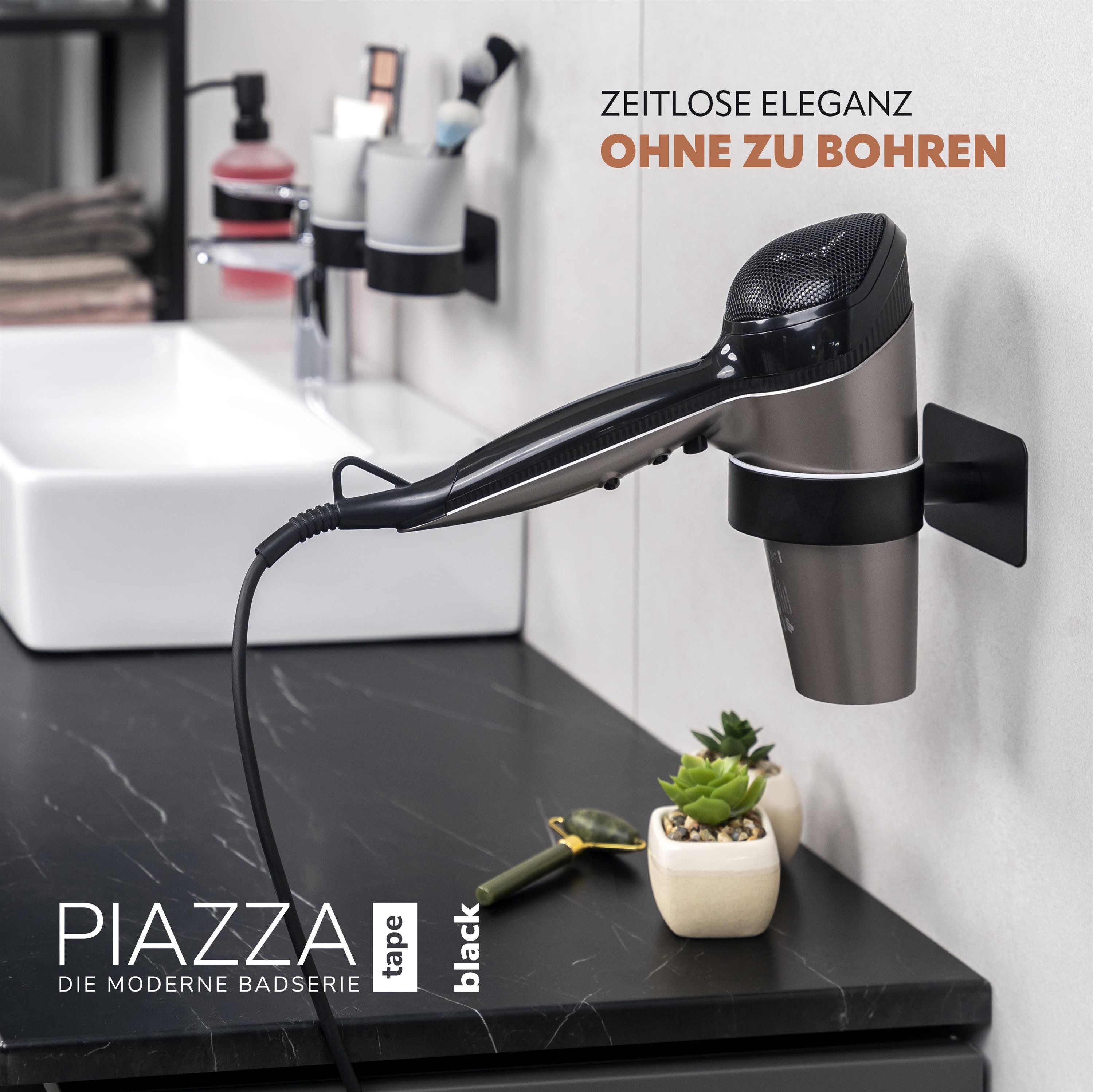 bremermann Haartrocknerhalter Bad-Serie PIAZZA BLACK TAPE - mit Klebepad, schwarz, (1-tlg., mit schützendem Kunststoffring) – Bild 2 von 5