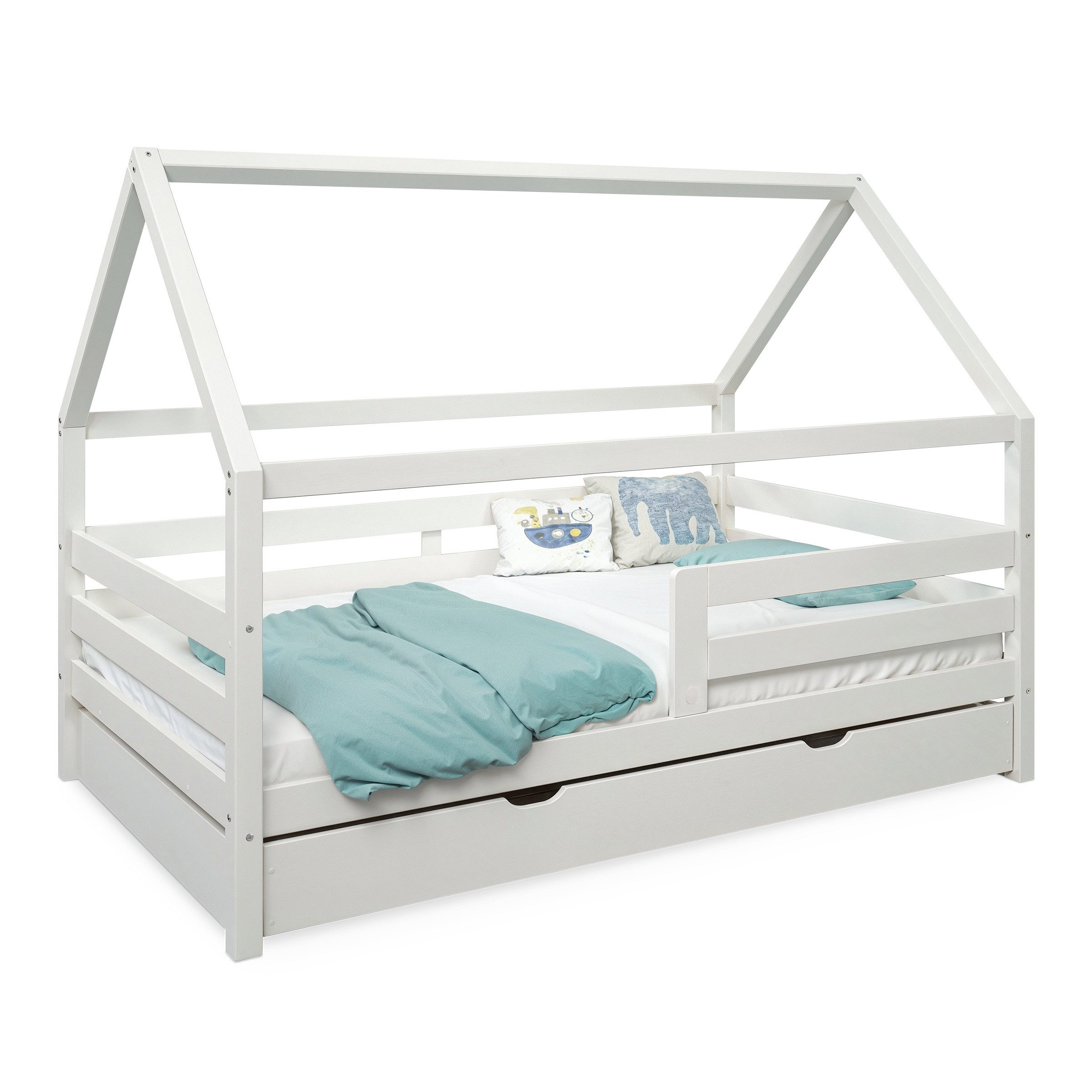 Ehrenkind Hausbett Sona aus massivem Kiefernholz, FSC® zertifiziert (mit Rausfallschutz in weiß), Hausbett 120x200 cm