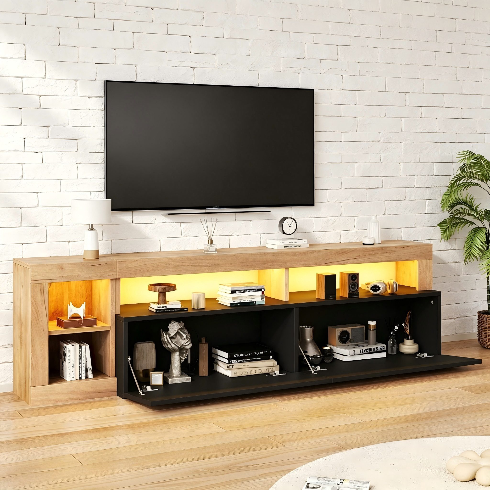 STILVORA Lowboard TV-Schrank mit LED-Beleuchtung Fernsehschrank bis 80 Zoll (TV-Möbel mit Klapptüren, 1 St., 184×42×58cm, Spanplatte, Kabelmanagement, LED-Licht), für Wohnzimmer, Schlafzimmer, Multimedia-Bereich