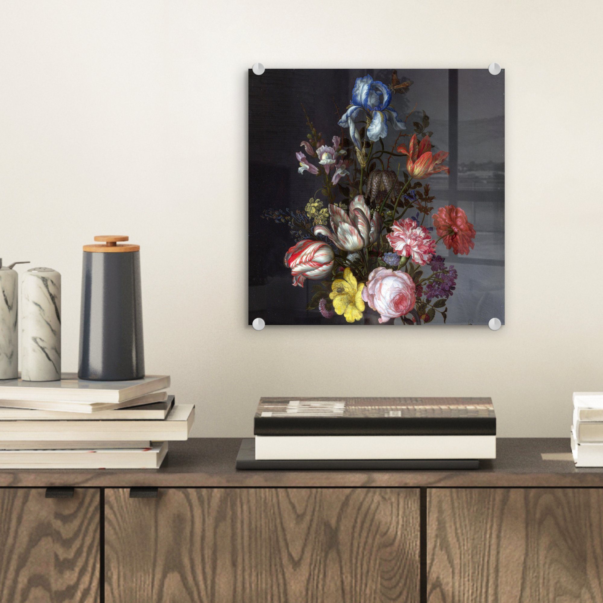 MuchoWow Acrylglasbild Blumen in van auf einer Wandbild Insekten der Glas St), Vase Ast, - bunt - auf Muscheln Foto - Wanddekoration mit (1 Glas Glasbilder - Balthasar und Bilder