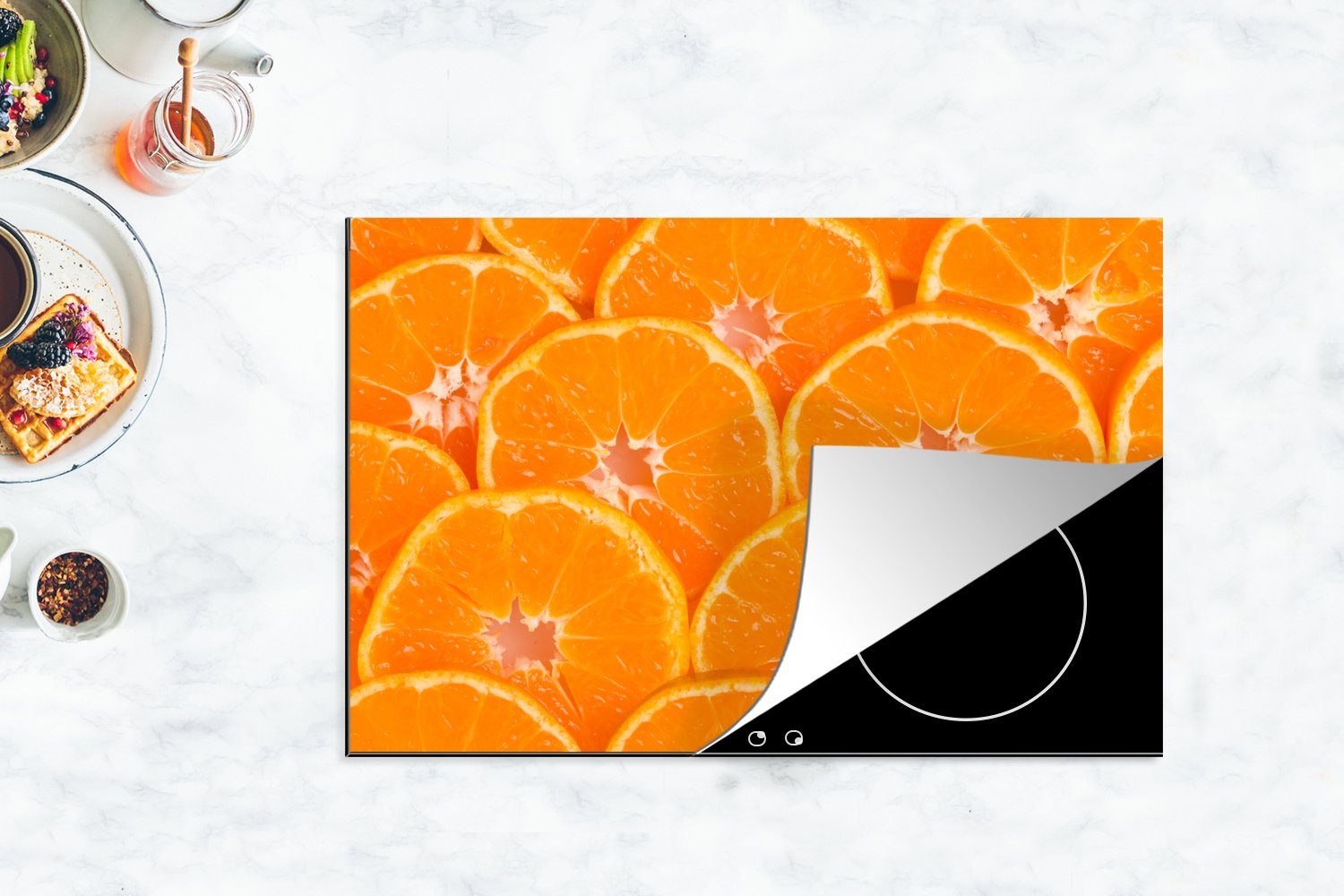- für Orange (1 tlg), Herdblende-/Abdeckplatte Induktionskochfeld Ceranfeldabdeckung Obst cm, Orange, 81x52 Schutz Vinyl, - küche, die MuchoWow