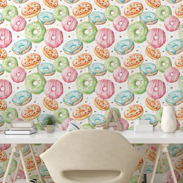 Abakuhaus Vinyltapete selbstklebendes Wohnzimmer Küchenakzent, Bunt Donut Thema Hand gezeichnet