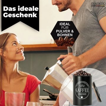 IDEALTASTIC Kaffeedose luftdicht 500g für anhaltendes Kaffeearoma, Stahl, (mit zeitsparendem Bambus-Deckel, Lebensmittelgeprüfte Kaffeedosen), Robuste Kaffeedose für gemahlenen Kaffee & Bohnen