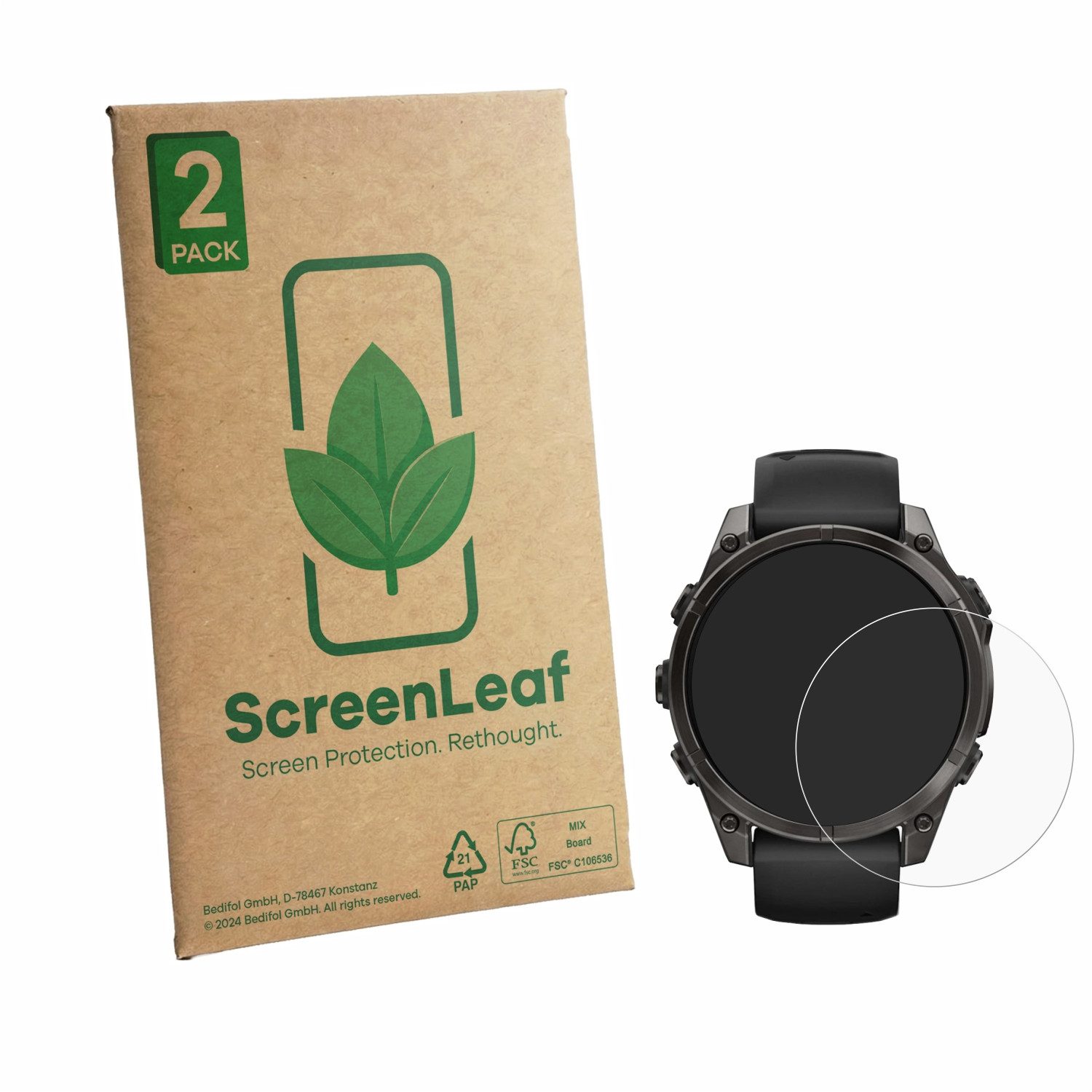 ScreenLeaf Displayschutzfolie Schutzfolie für Garmin Fenix 8 AMOLED (47 mm), 2 Stück, Displayschutz Schutz Folie Klar Transparent