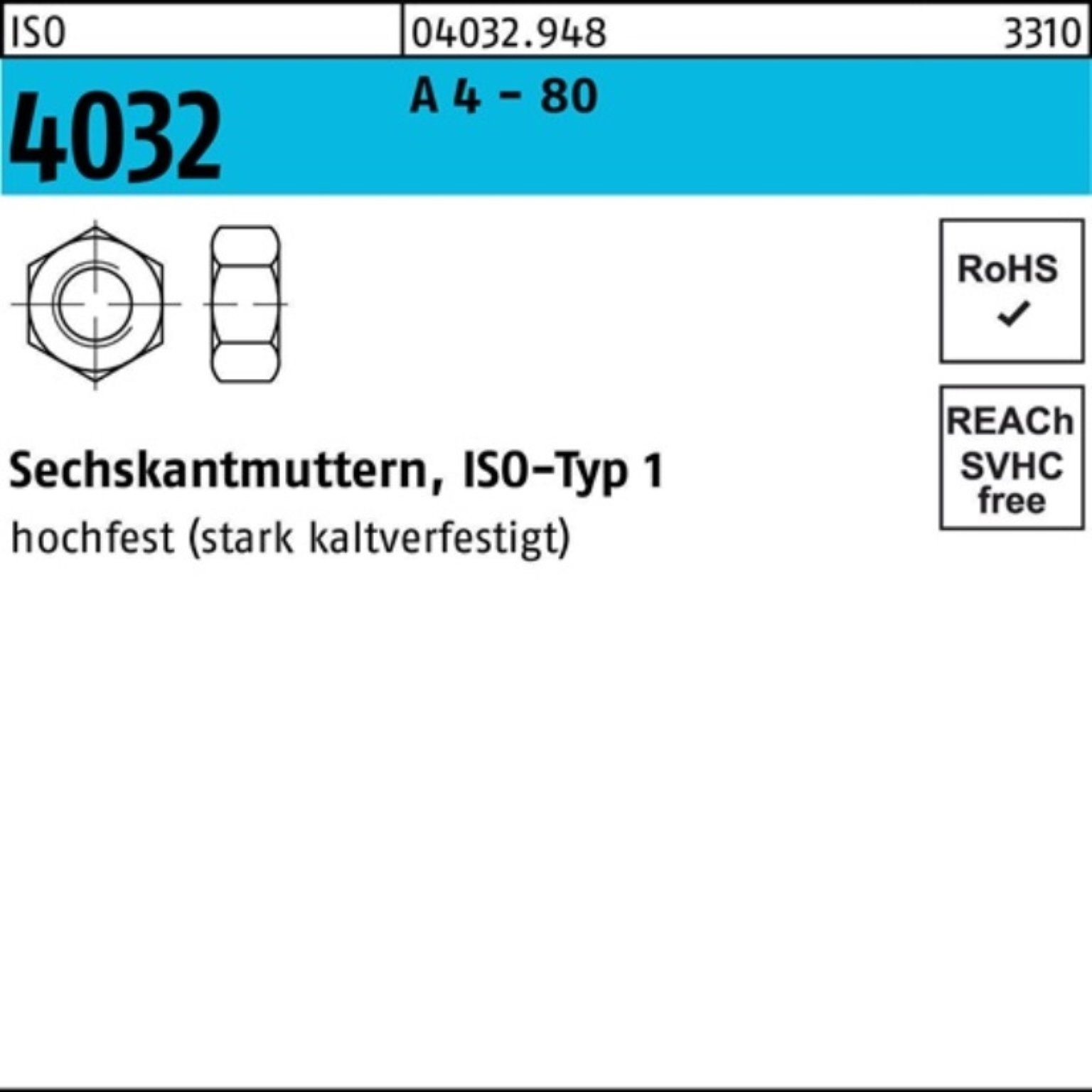 Bufab Muttern 100er Pack Sechskantmutter ISO 4032 M12 A 4 - 80 100 Stück ISO 4032 A | Muttern