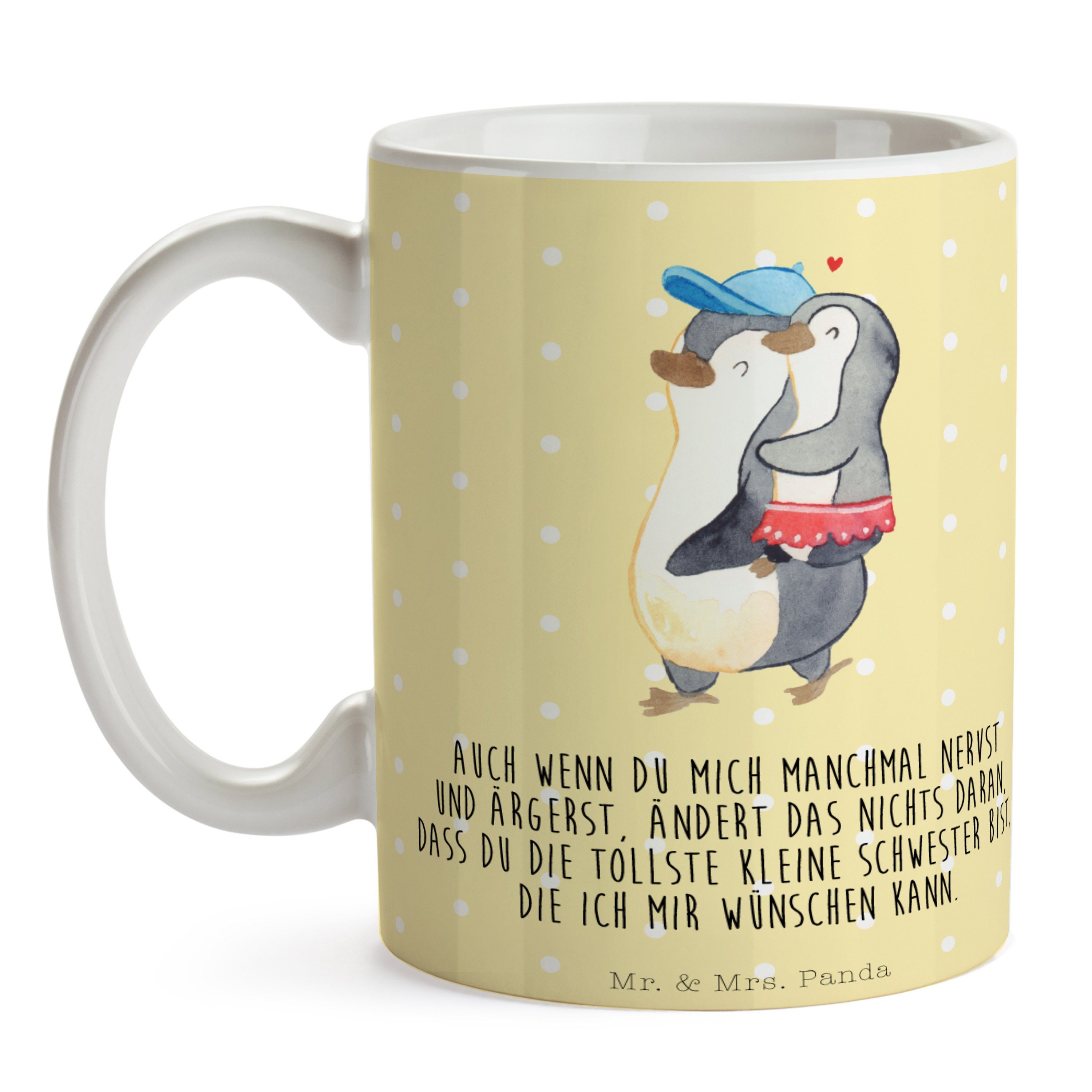 Tasse, - Mrs. Kaffeetass, Tasse Panda Kleine Schwester Mr. Pinguin Gelb & - Pastell Keramik Geschenk,