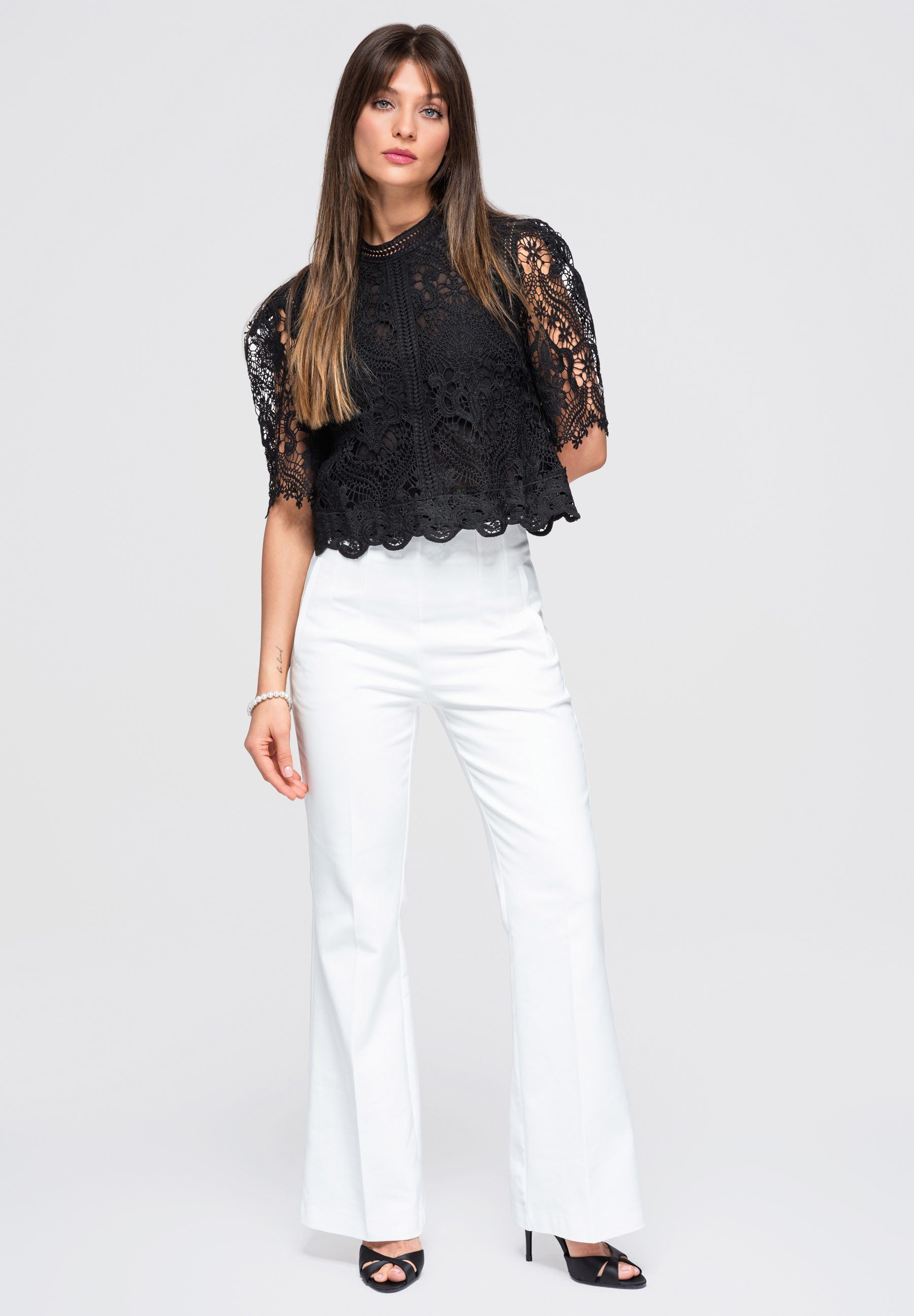 OMBRE Blusentop Damen Bluse mit transparenter Spitze Elegant Schwarz S (kein Set, 1-tlg)