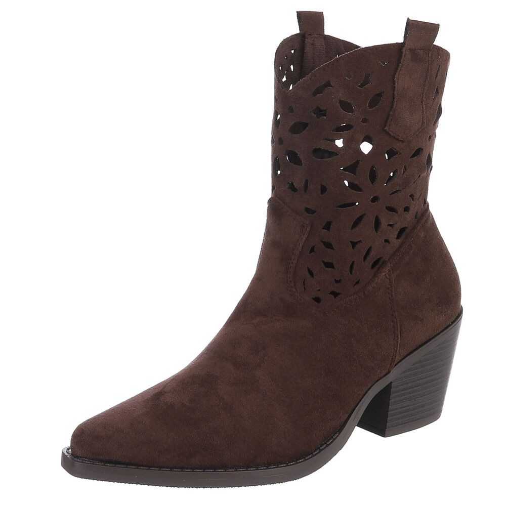 Ital-Design Elegante Stiefeletten mit Ausschnitt für Damen in Alltag und Freizeit Sommerboots (91117092) Blockabsatz Stiefeletten in Dunkelbraun
