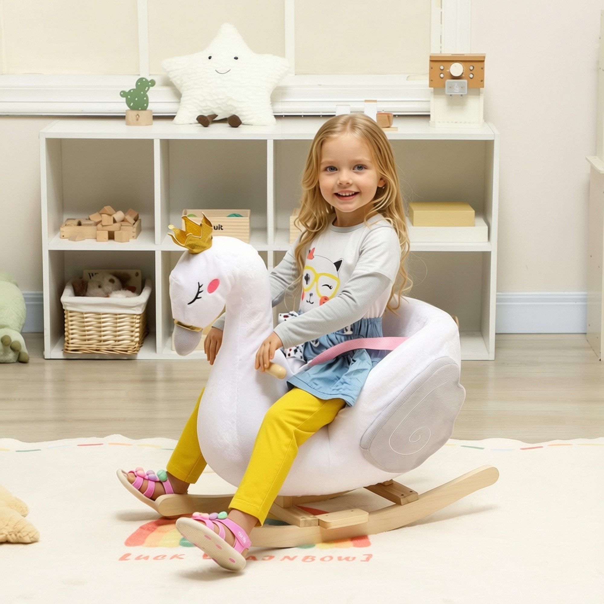 AIYAPLAY Schaukeltier Schwan-Schaukel mit Schlaflied, weicher Füllung, Holzrahmen, (1 tlg), für Kinder 1,5-3 Jahre, max. 25 kg, Weiß – Bild 2 von 5