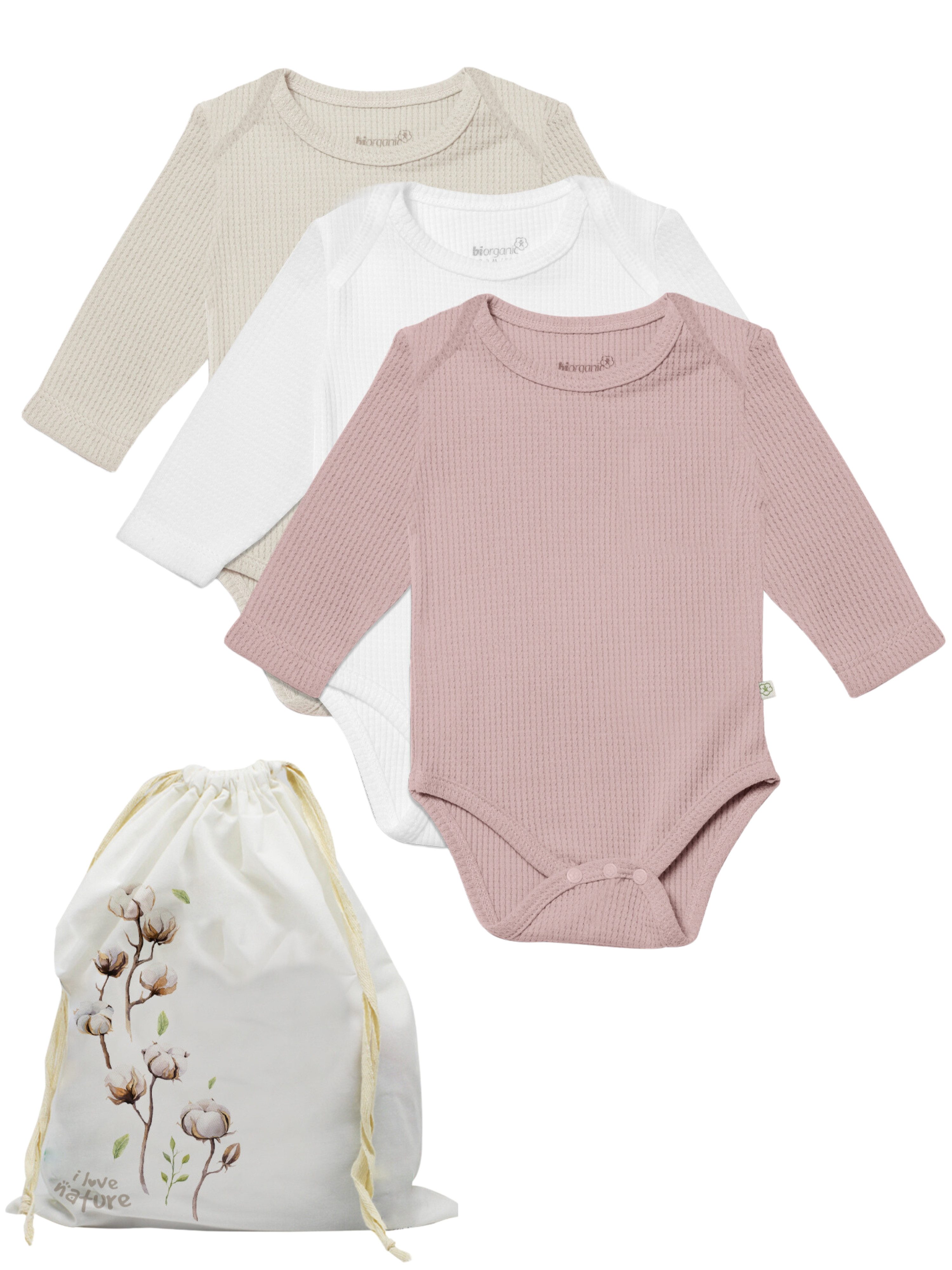 biorganic Langarmbody Waffle (3er Pack) Mehrfarbig Unisex, Baby Body für Jungen und Mädchen (Set, 4-tlg., 3er-Pack Bodys & 1 Beutel) Waffelmuster, Bio-Baumwolle, Größe 56 - 86