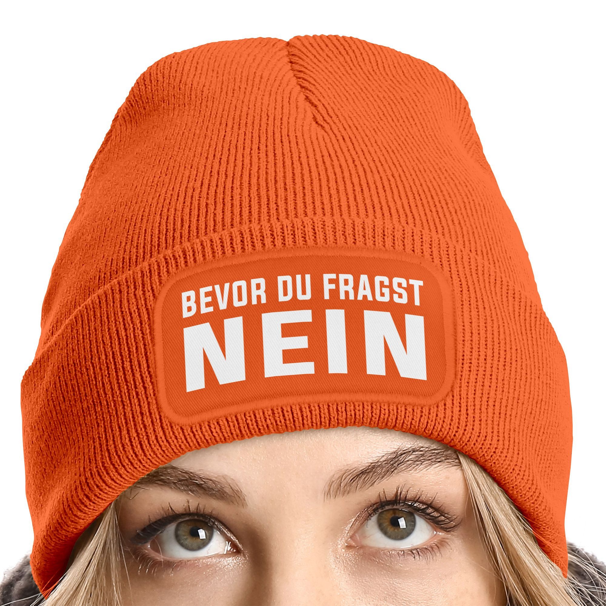 MoonWorks Strickmütze Damen Beanie Strickmütze mit Patch Spruch NEIN Aufdruck Lustig