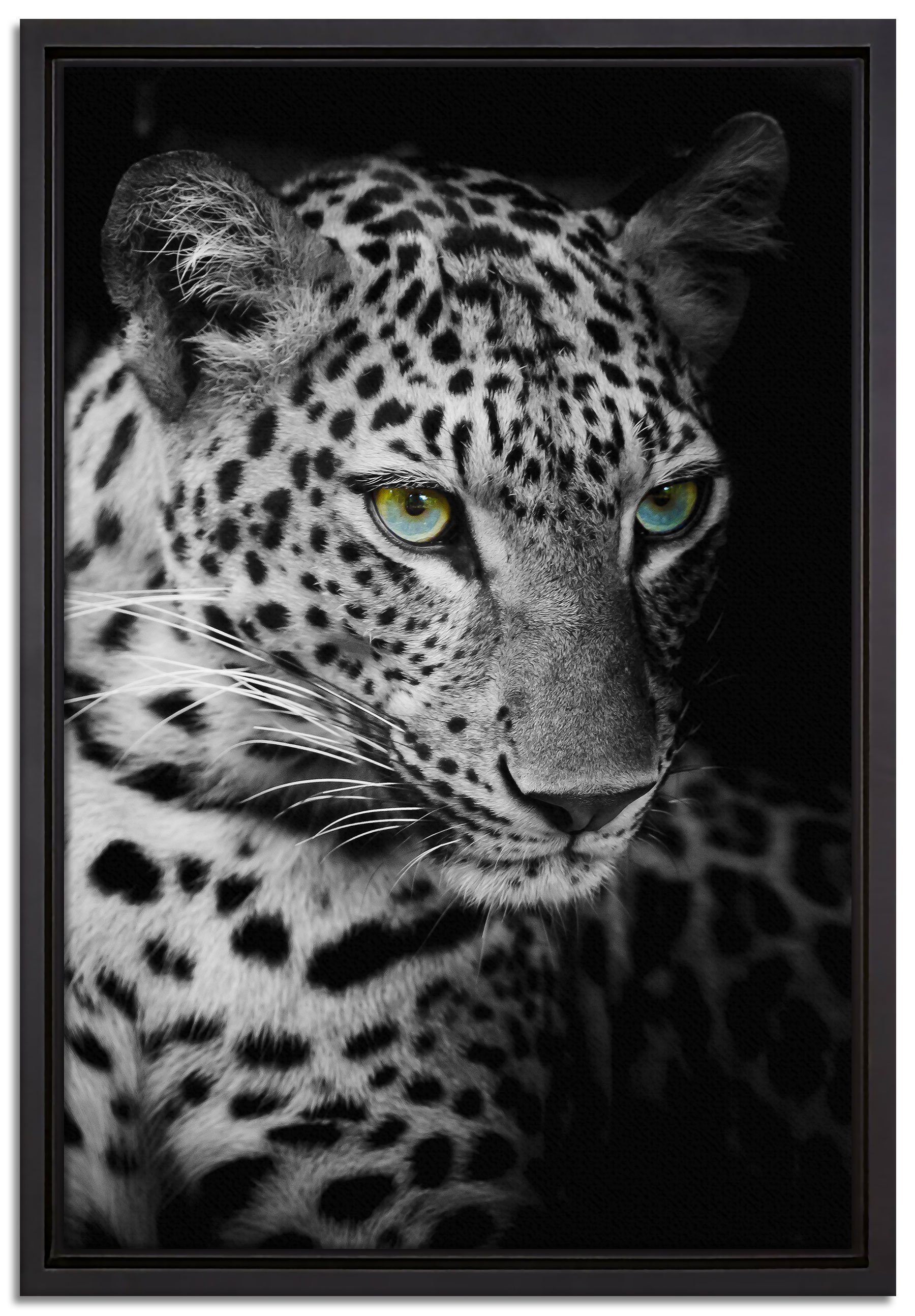 Pixxprint Leinwandbild Leopardenkopf, Wanddekoration (1 St), Leinwandbild fertig bespannt, in einem Schattenfugen-Bilderrahmen gefasst, inkl. Zackenaufhänger