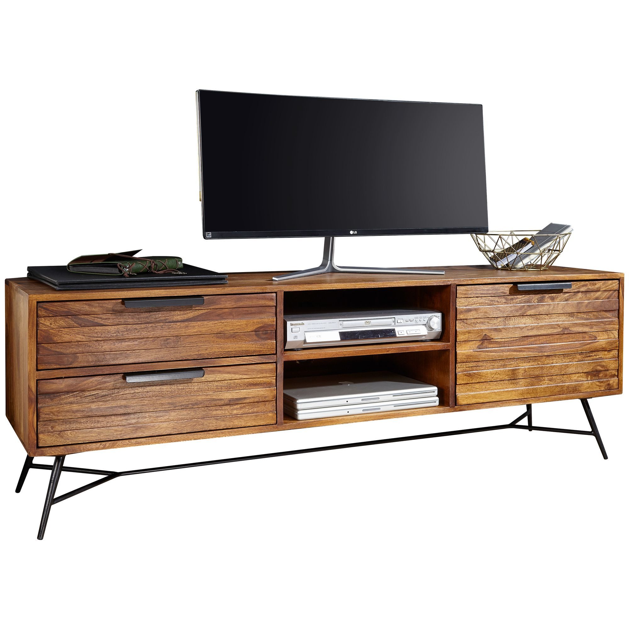 furnicato Lowboard Massivholz Walnuss Finish 160x40x54cm Braun Schwarz (1 St), Stabile TV-Unterlage mit Schubladen und Ablage für dein Wohnzimmer