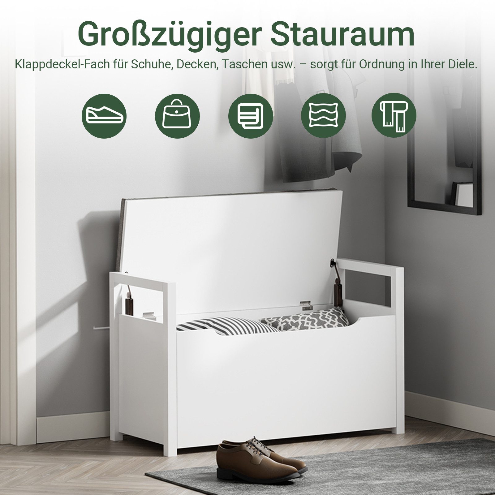 SoBuy Truhenbank FSR76, Schuhschrank schmal, Schuhregal Garderobenbank, mit Sitzfläche Sitzbank mit Stauraum Sitztruhe mit Klappe Spieltruhe – Bild 4 von 5