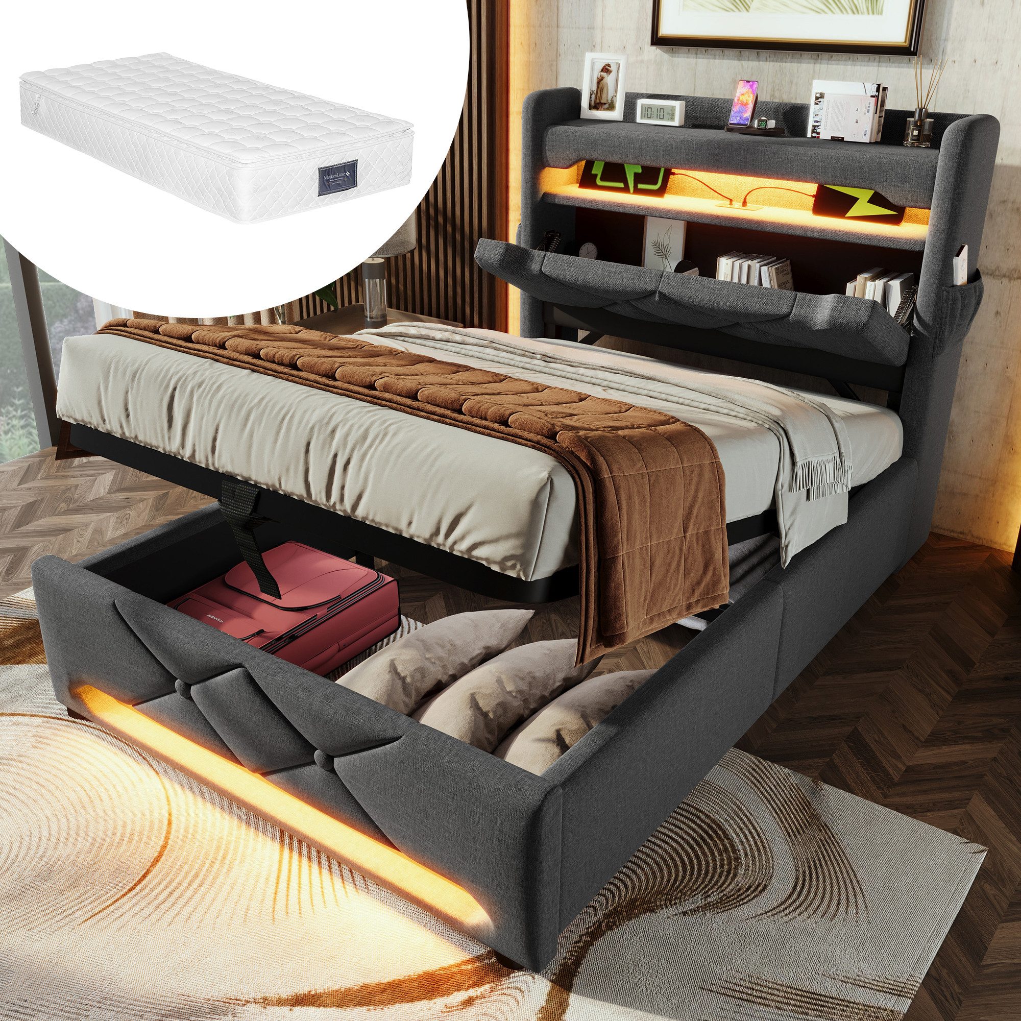 HAUSS SPOLE Polsterbett 90x200, Stauraum Kopfteil günstig online kaufen