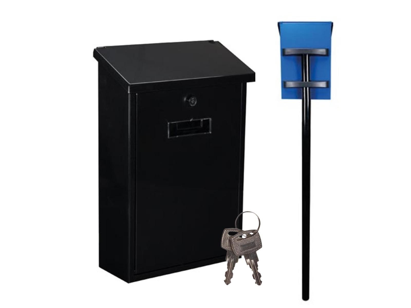 PEREL Standbriefkasten, groß mit Standfuß für Postkasten Stahl in Schwarz Schloß & 2 Schlüssel