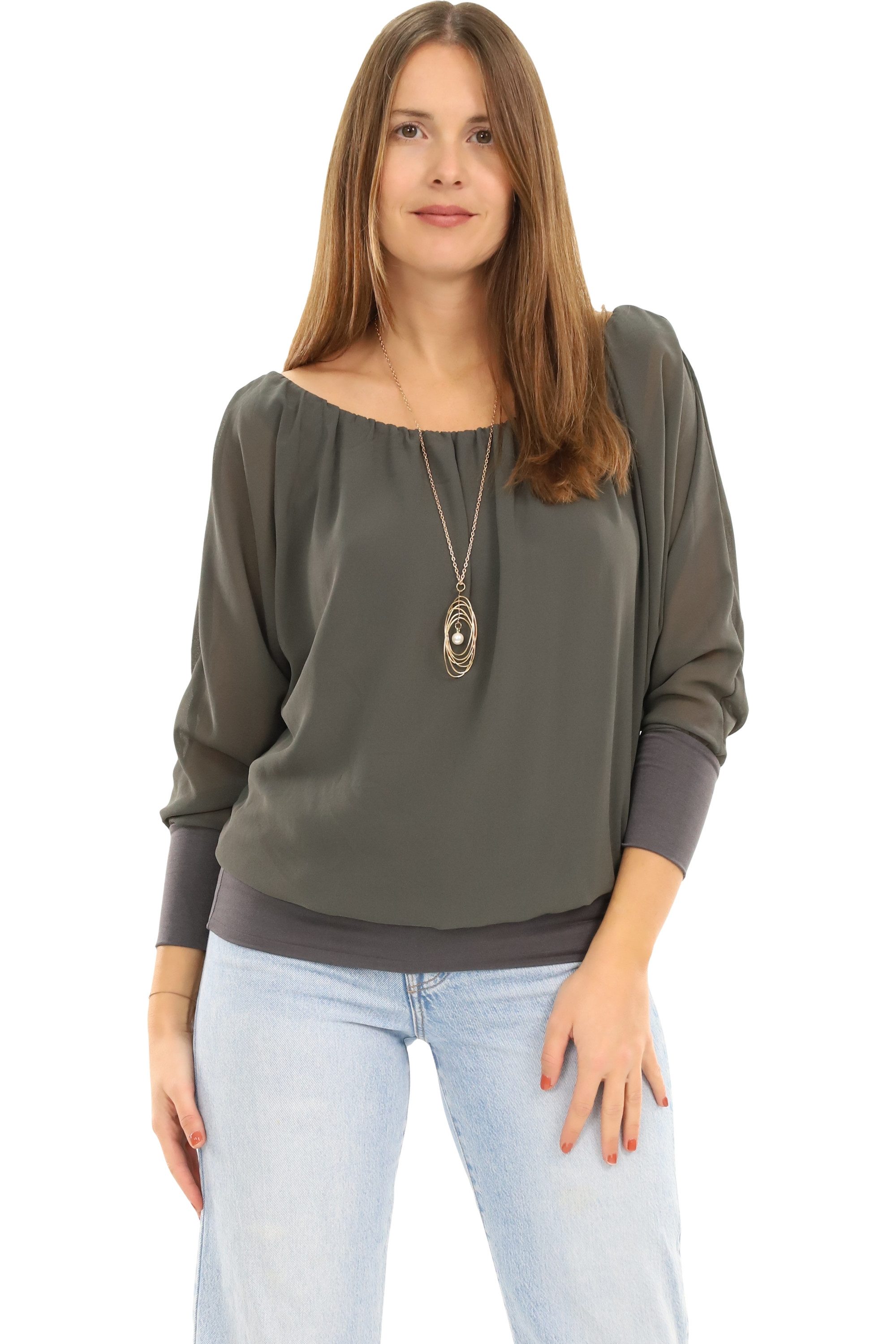 malito more than fashion Chiffonbluse malito Damen Bluse mit passender Kette, Tunika mit ¾ Armen, Blusensh Bluse mit Fledermausärmeln Einheitsgröße