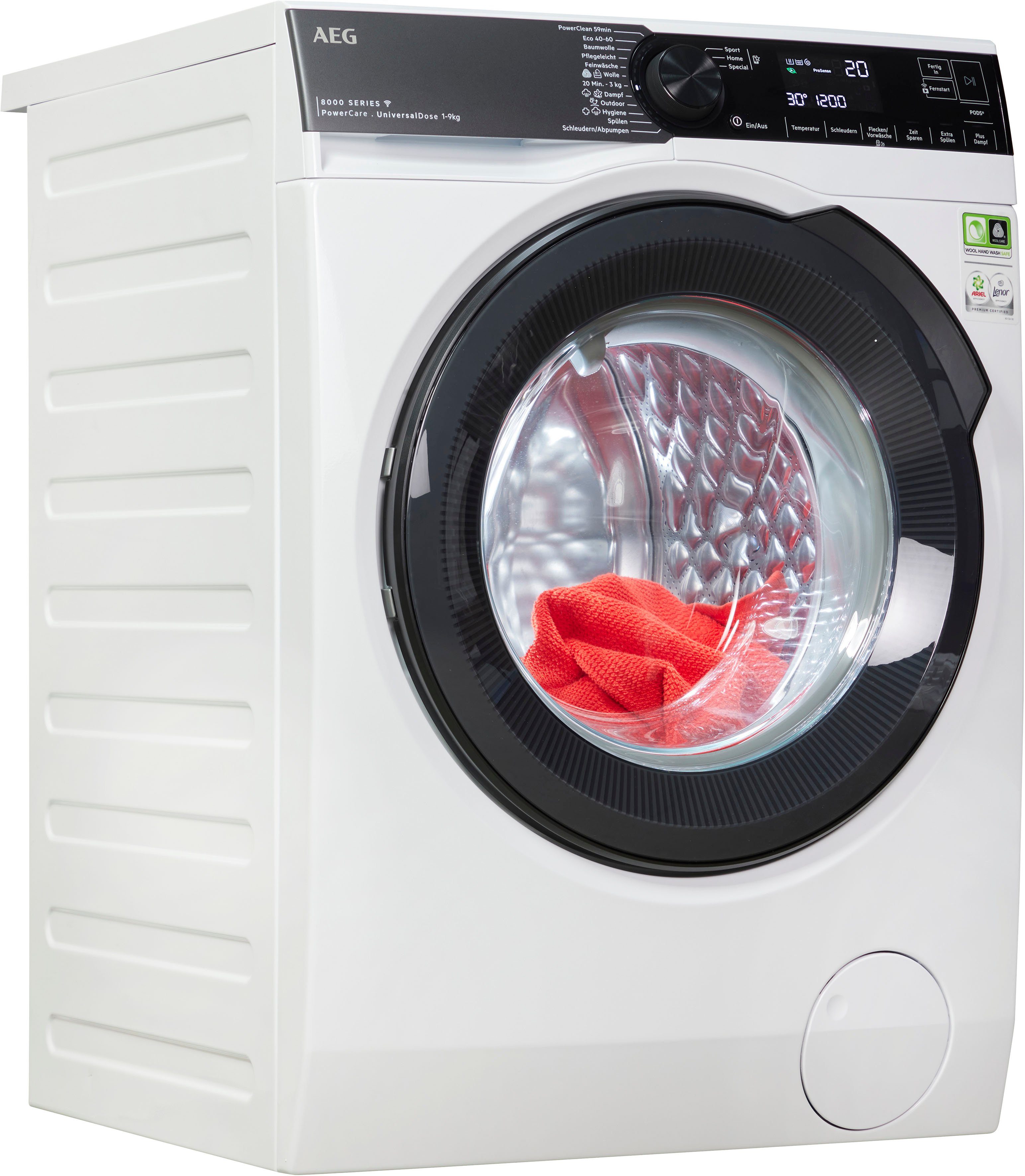 AEG Waschmaschine 8000 PowerCare 30 Fleckenentfernung 9 59 U/min, °C & nur 1400 LR8E75490, kg, - Min. in PowerClean bei Wifi