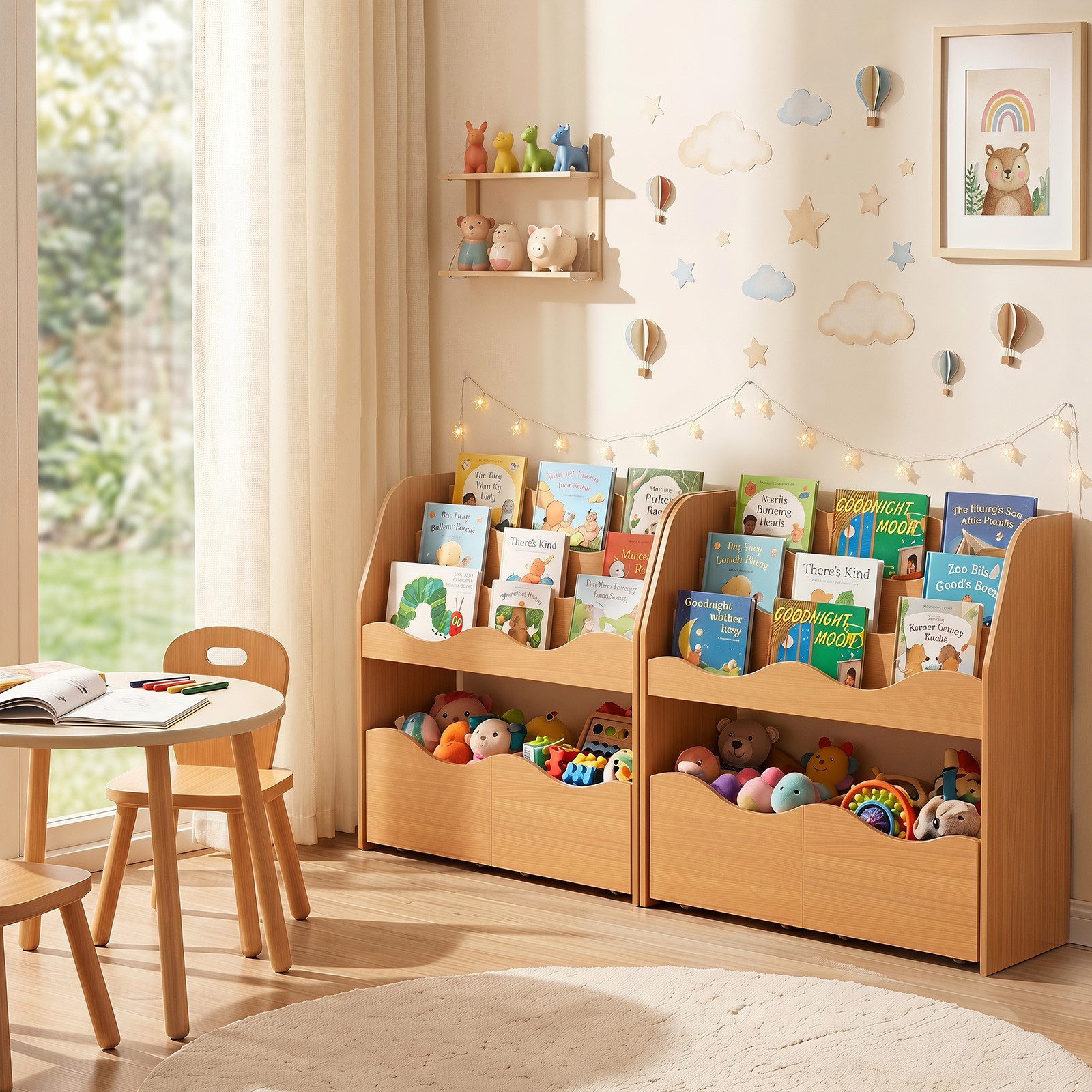 COSTWAY Kinderregal, Bücherregal Kinder mit 2 Boxen auf Rollen