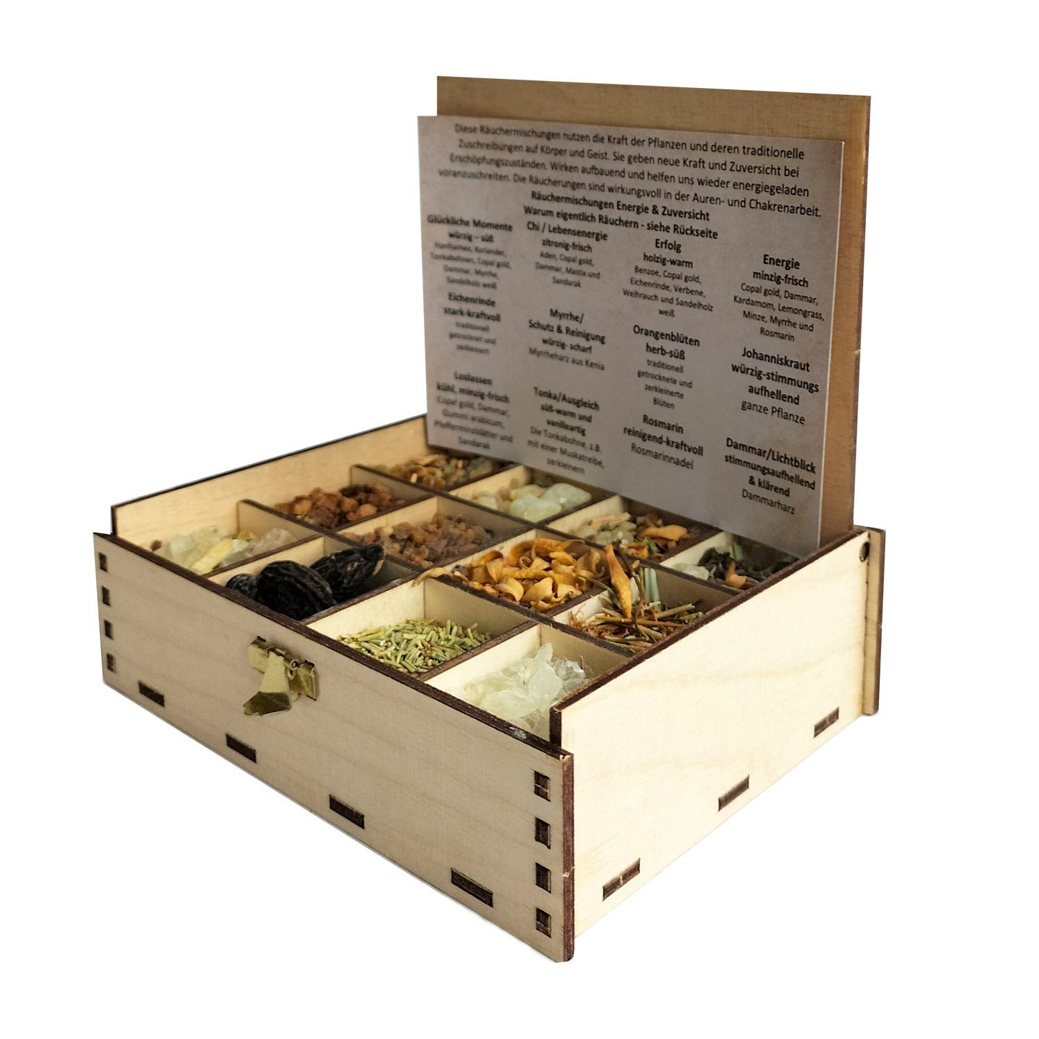 Heilkräuter Manufaktur Räucherstäbchen Räucherbox Geschenkbox mit 12 Sorten Räuchermischungen 14 x 10 x 4 cm