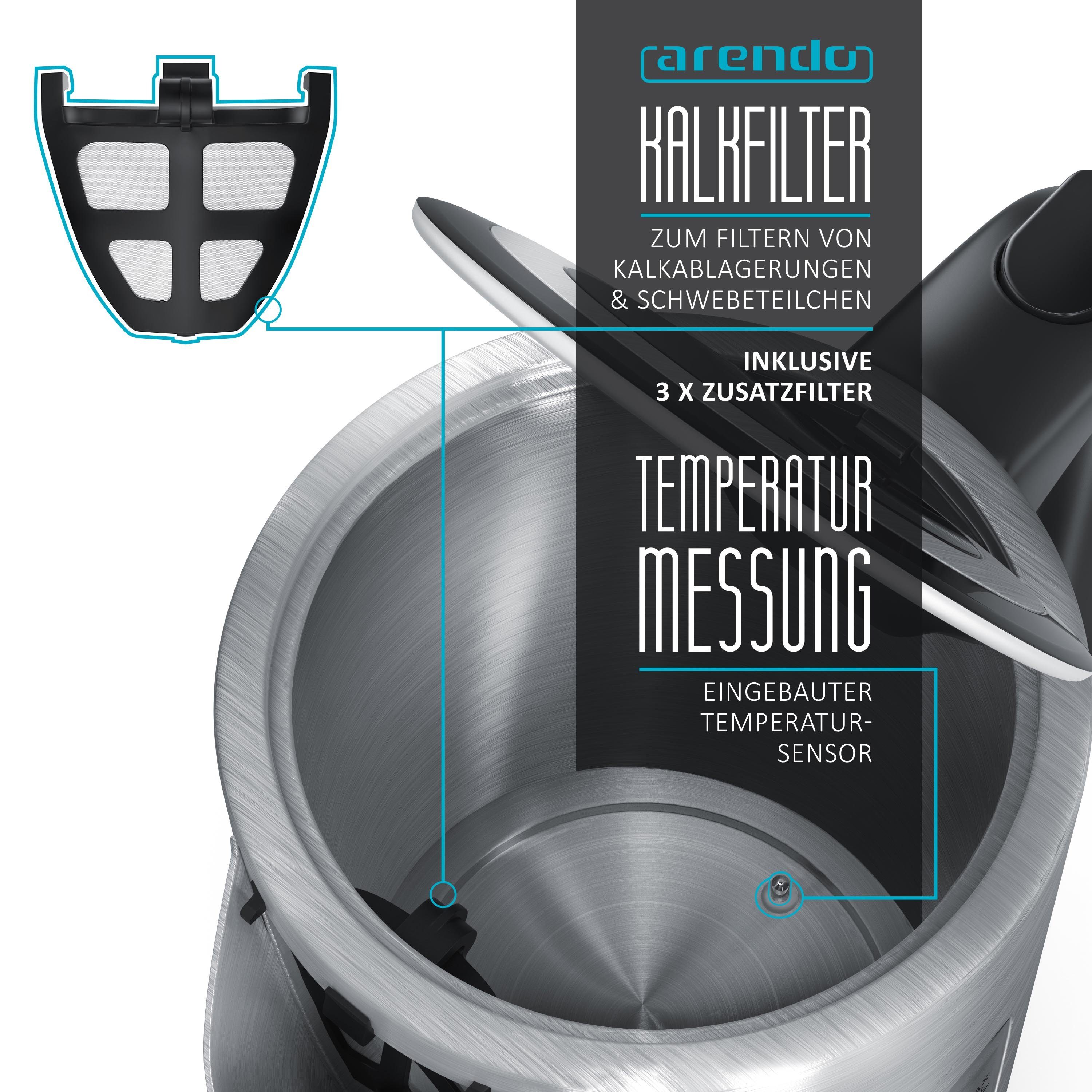 Arendo Wasserkocher aus Edelstahl, mit Temperatureinstellung, Warmhaltefunktion 30min, 1,7 l, 3000 W, einstellbare Temperatur 70° C - 100° C, Schnellkoch, Kalkfilter