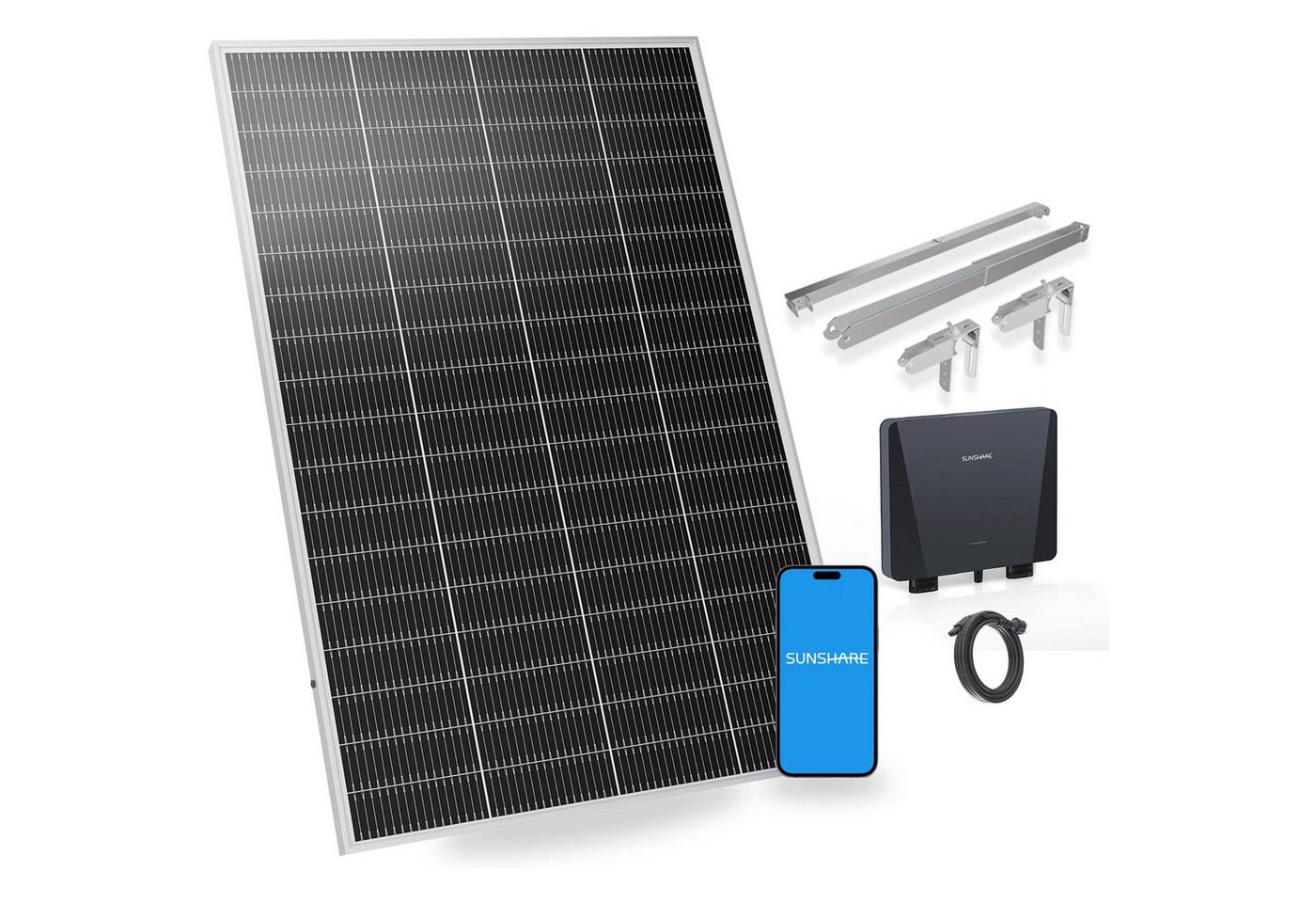 Sunshare Balkonkraftwerk Ray Lite 200 W mit Halterung – 1×200 W, Plug-&-Play, 200 W, Monokristallin N‑Typ TOPCon, (Balkonkraftwerk, 200 W Balkonkraftwerk mit Mikro‑WR, WLAN und Halterung), 200 W Modul, Mikro‑WR 800 W, WLAN, IP66/67, Halterung 0–30°