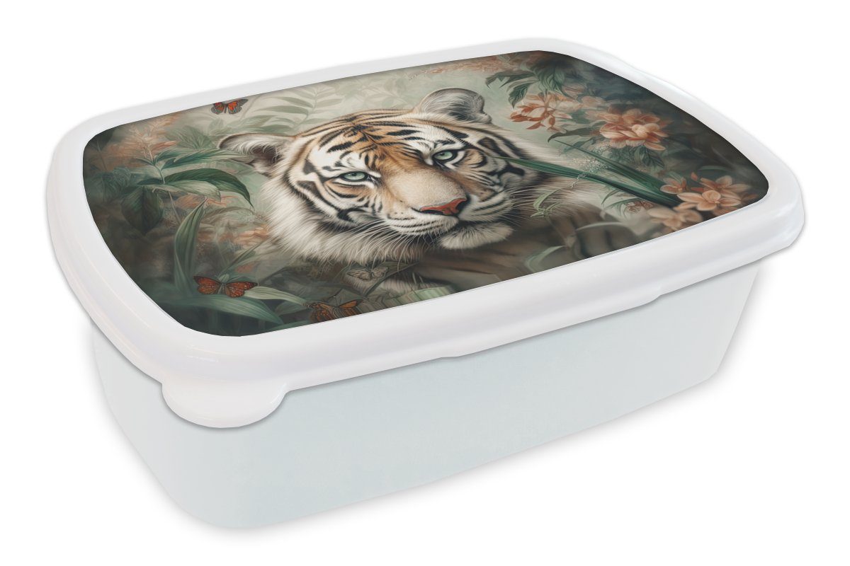 MuchoWow Lunchbox Tiger - Schmetterlinge - Tiere - Dschungel - Blumen, Kunststoff, (2-tlg), Brotbox für Kinder und Erwachsene, Brotdose, für Jungs und Mädchen weiß