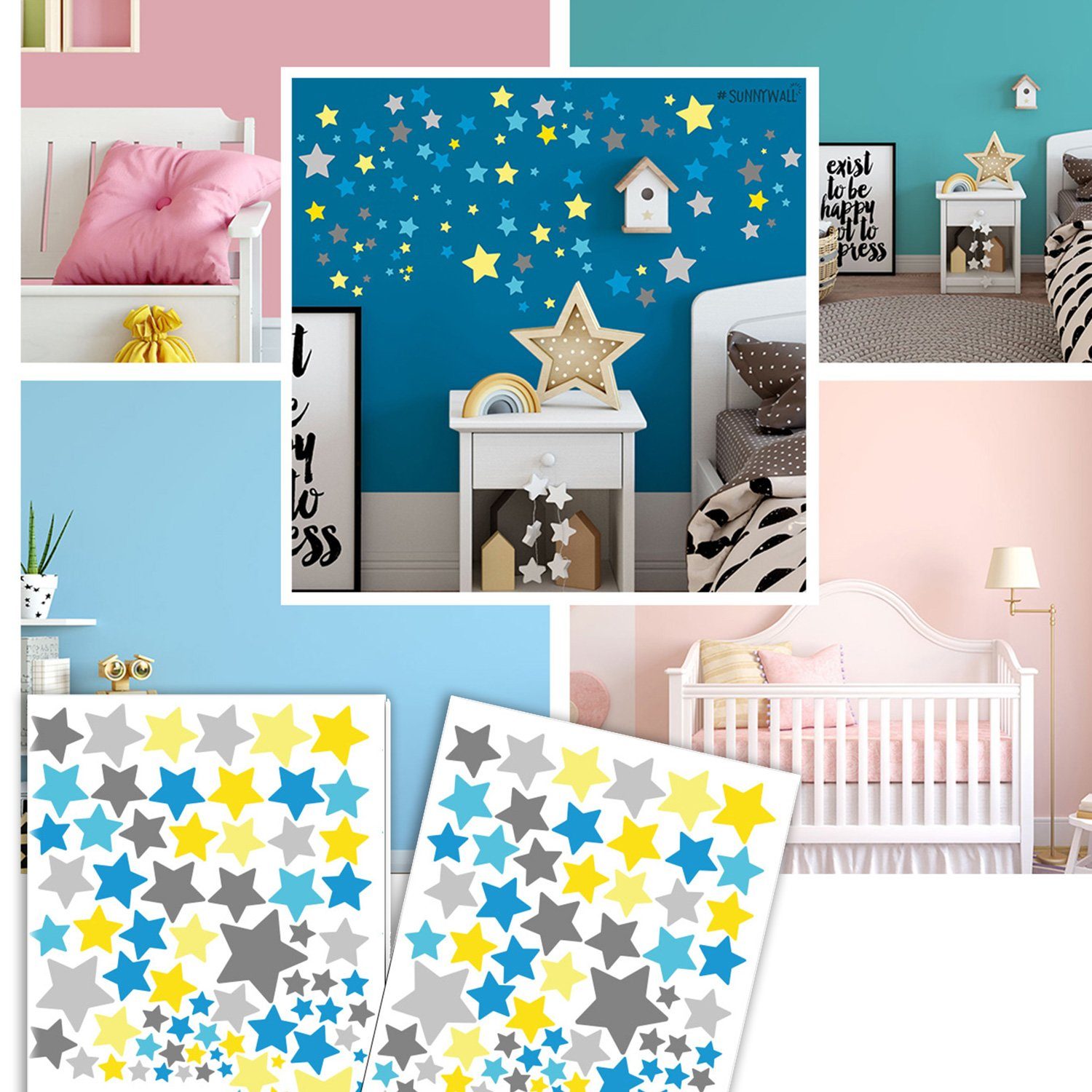 Sunnywall Wandtattoo Sterne Aufkleber Stars Wandsticker bunt, Sternenhimmel Wandtattoo, konturgeschnitten