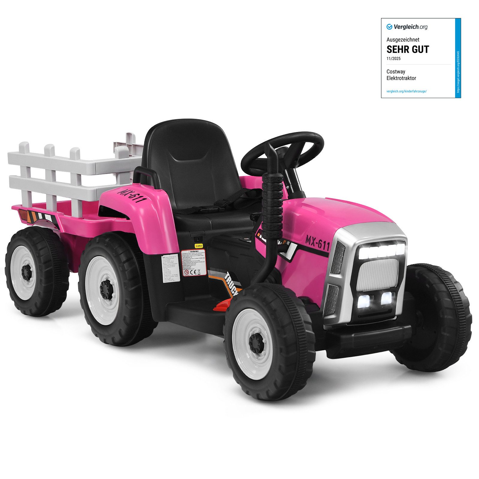 COSTWAY Elektro-Kindertraktor Aufsitztraktor, mit USB & abnehmbarem Anhänger