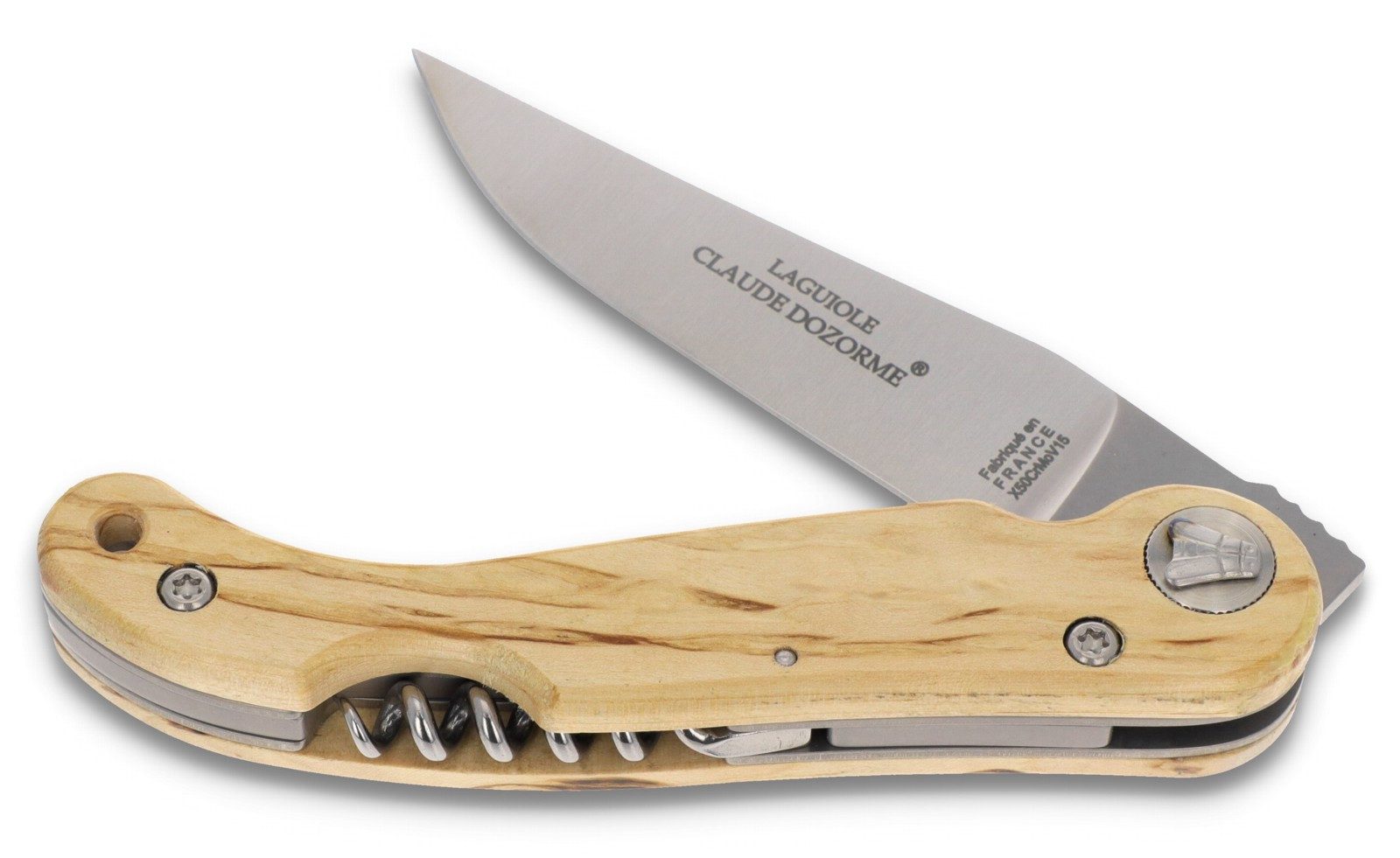 Claude Dozorme Taschenmesser 1.10.129.66, Laguiole Baroudeur - Griff 12cm Birke - Korkenzieher - Stahl satiniert