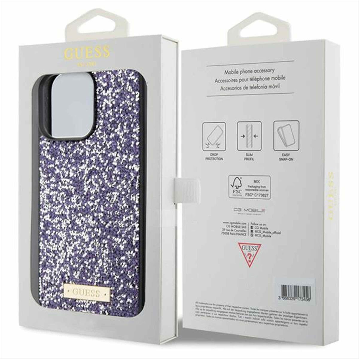 Guess Smartphone-Hülle Guess Apple iPhone 15 Pro Schutzülle Case Rhinestone Metal Logo Lila