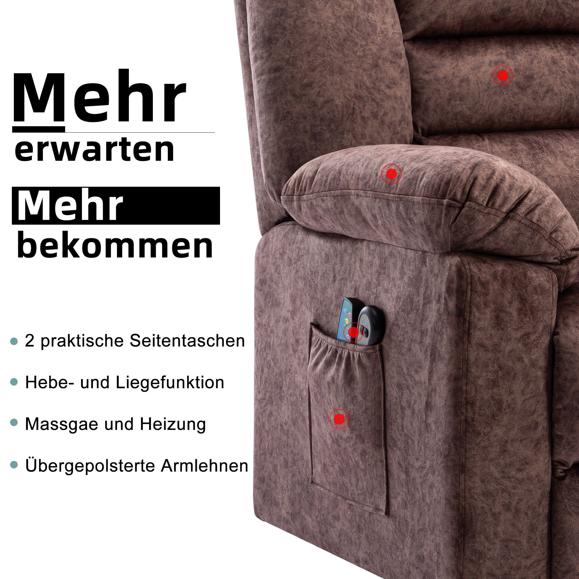 TV-Sessel (Fernsehsessel mit Aufstehhilfe, Schlafsessel, Relaxsessel, Massagesessel, Liegefunktion, Wärmefunktion und Vibrationsmassage), bis zu 150 kg belastbar, Stoff, Braun / Grau