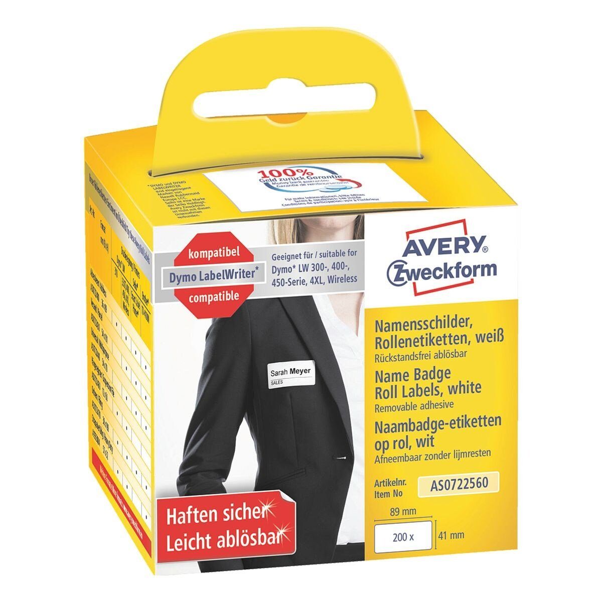 Avery Zweckform Thermorolle AS0722560, entspricht DYMO® S0722560, 200 Namensetikett 41/89 mm, wiederablösbar