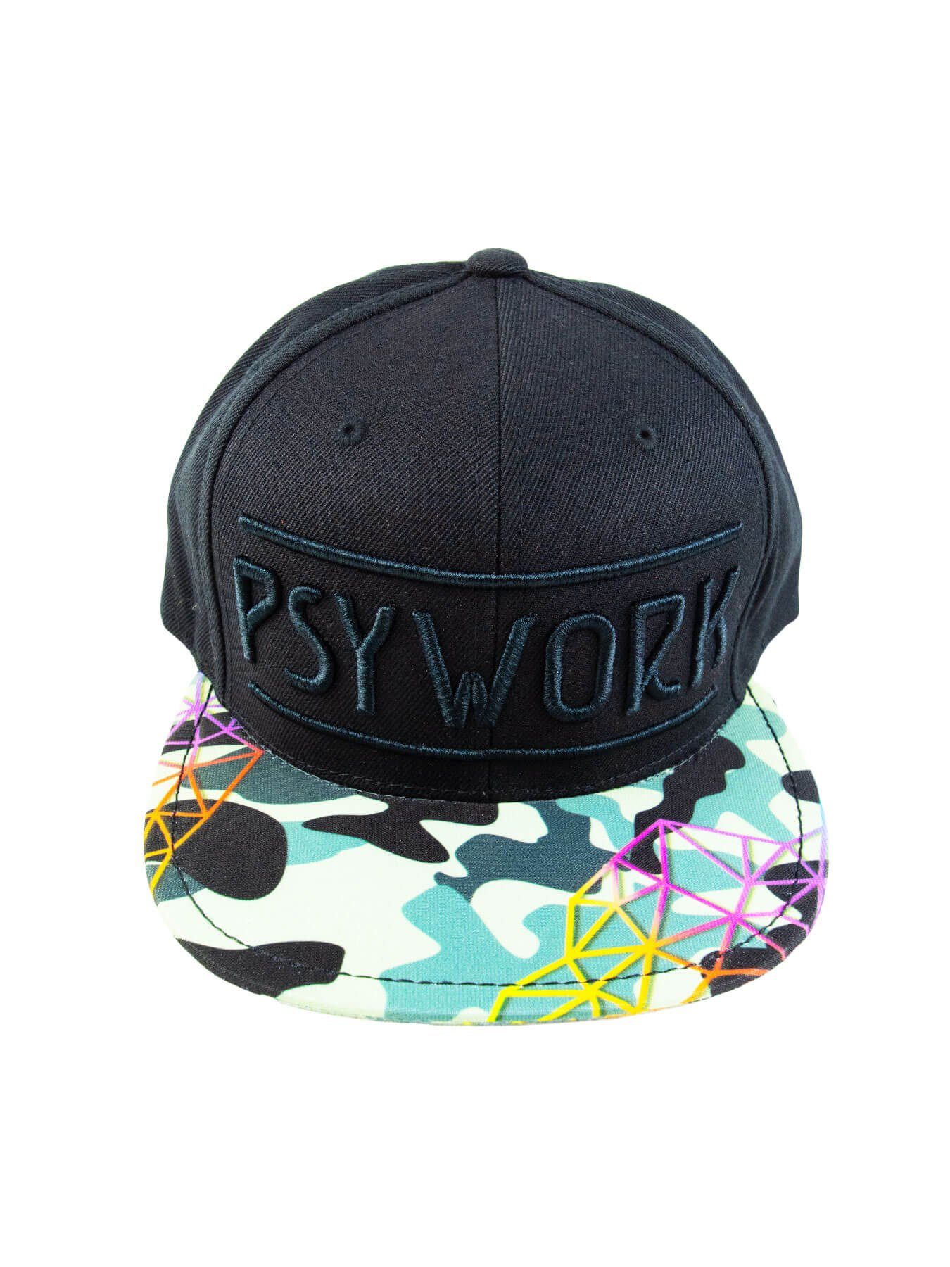 PSYWORK Snapback Cap Schwarzlicht Black Cap Neon "Camouflage", Schwarz UV-aktiv, leuchtet unter Schwarzlicht