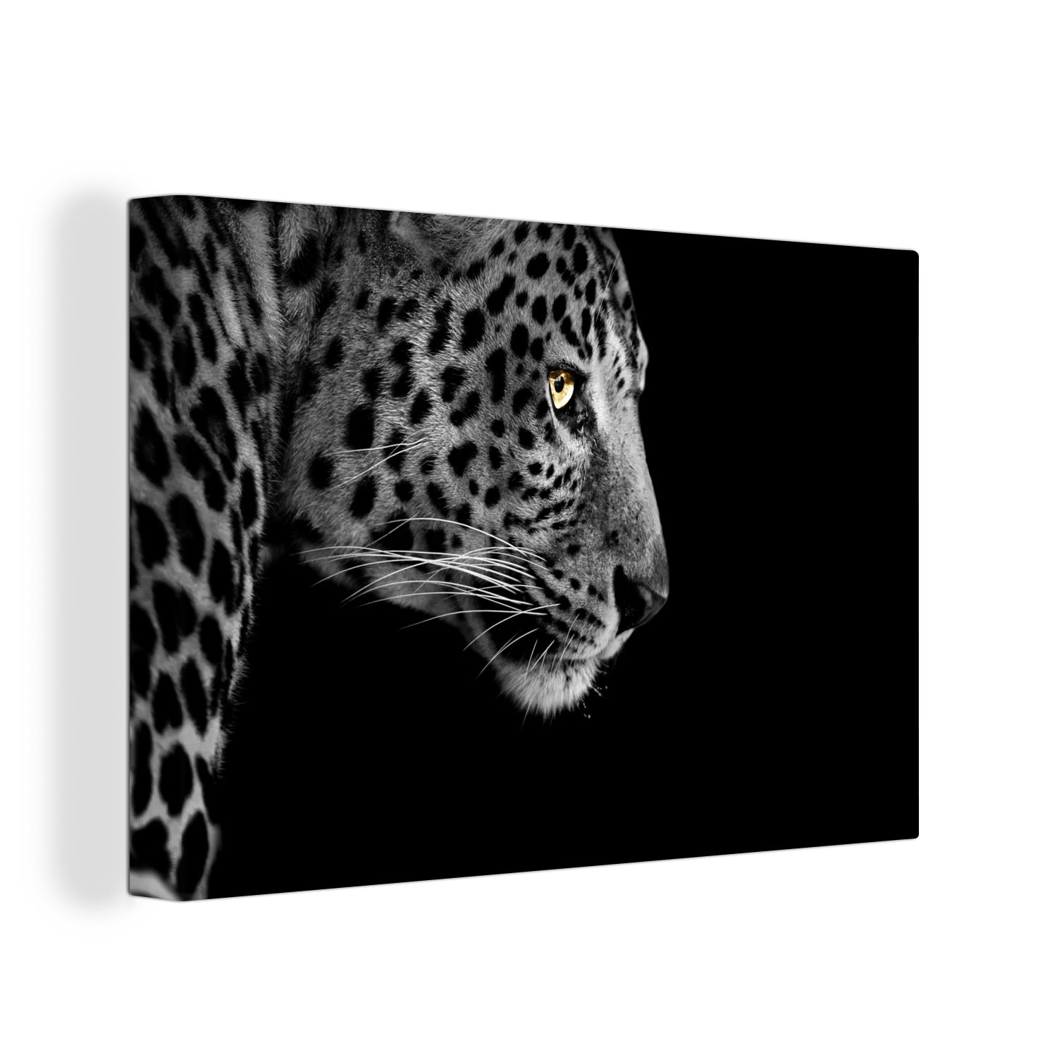 OneMillionCanvasses® Leinwandbild Leopard - Schwarz - Weiß - Pelz, (1 St), Wandbild Leinwandbilder, Aufhängefertig, Wanddeko, 30x20 cm | Leinwandbilder