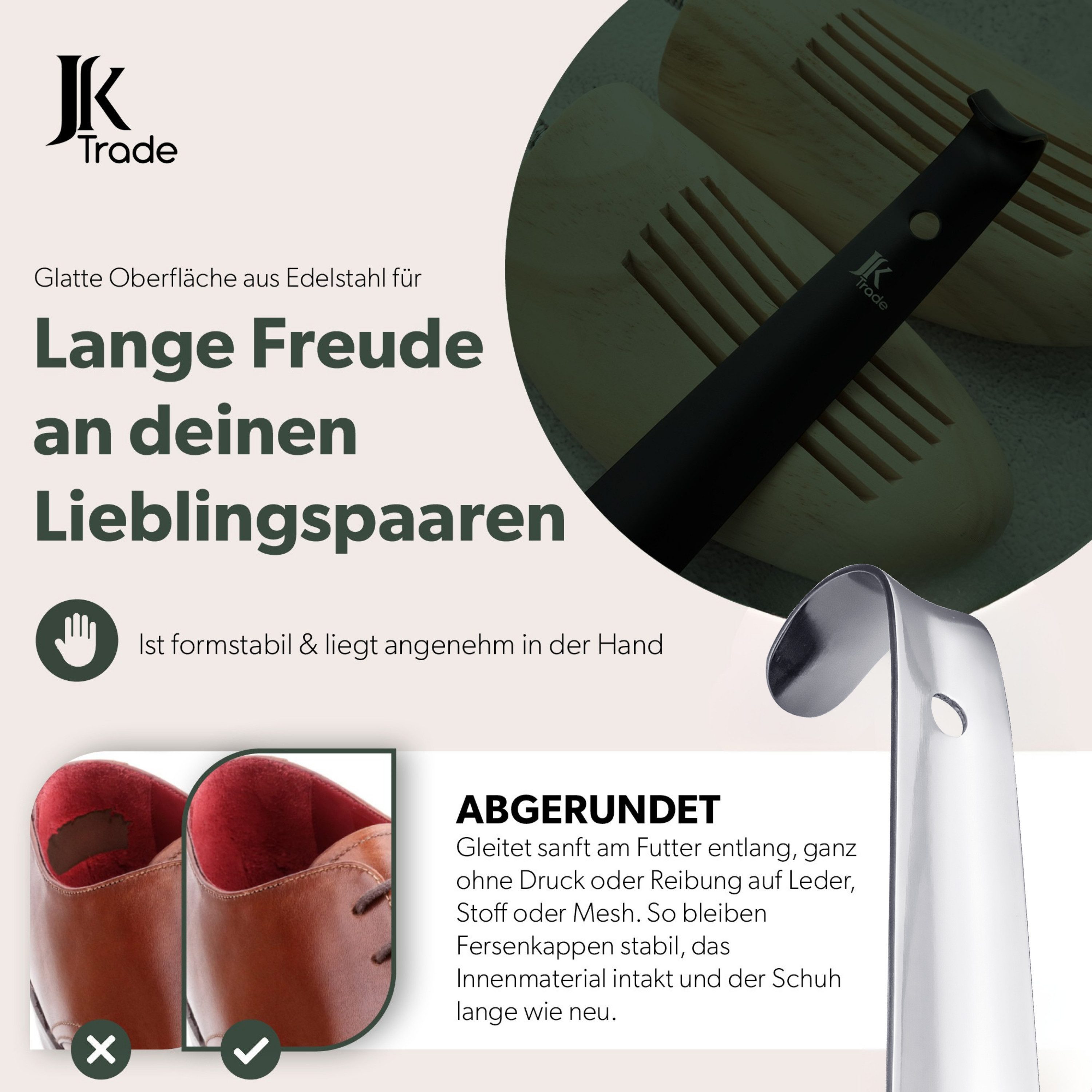 JK Trade Schuhlöffel 62cm Edelstahl poliert (1-tlg., extra lang & stabil), Metall Schuhanzieher lang zum Stehen, Aufhängbar, 2mm Extra Stabil