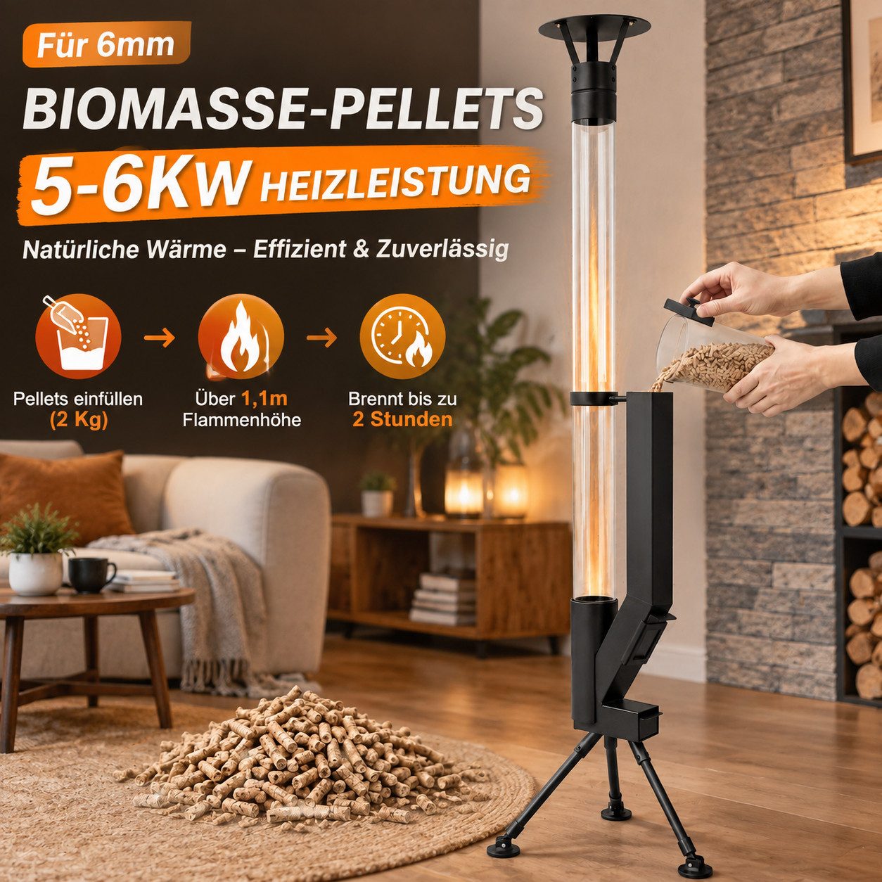 Ledklang Heizstrahler Pelletfackel Glasrohr,167CM,Outdoor Terrassenheizer,Stand, 6000 W, Terrassenfeuer Reinigungsbürste Feuersäule für Garten Brenndauer 2H – Bild 3 von 5