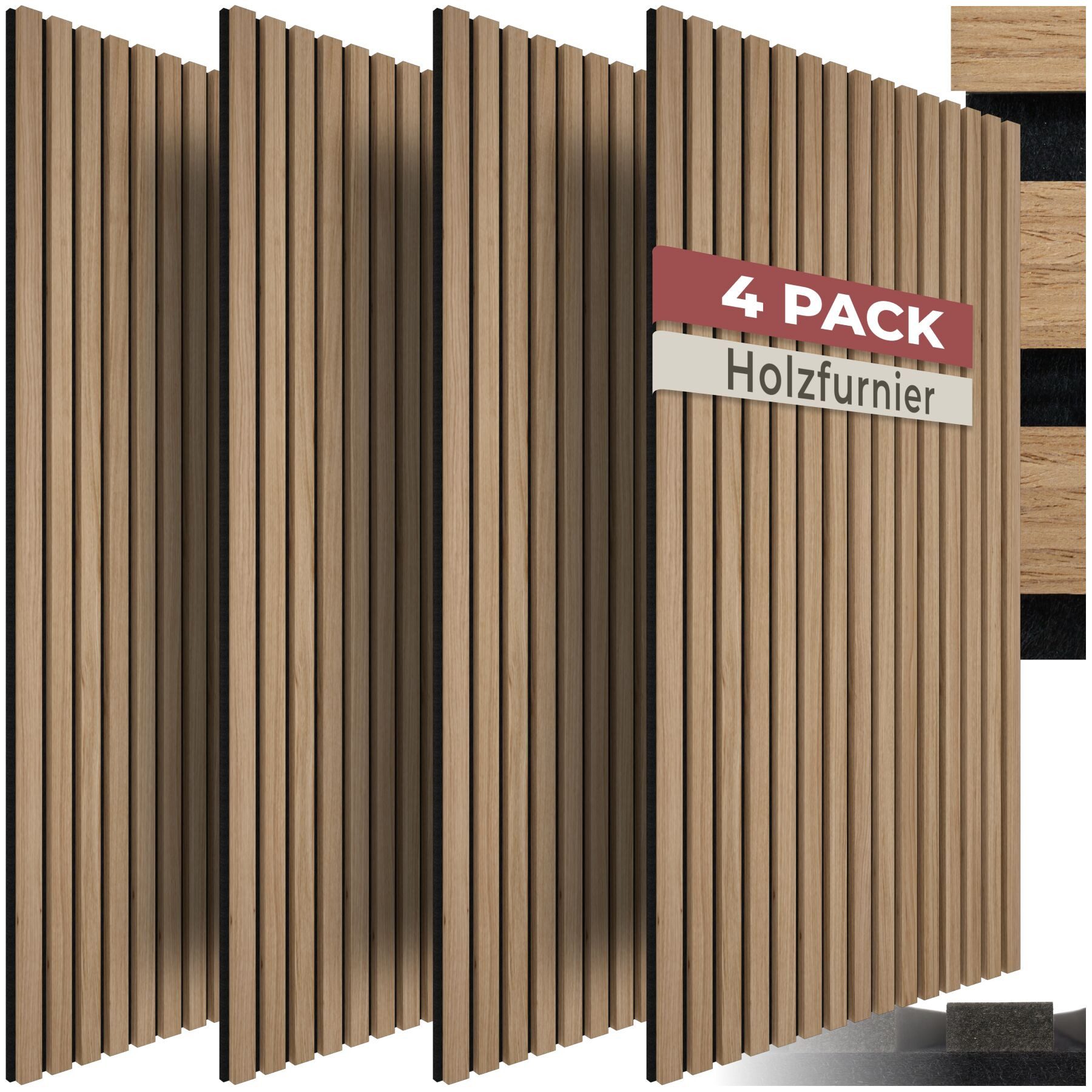tectake Wandpaneel 3D Akustikpaneel aus Echtholzfurnier mit schallabsorbierendem Filz, BxL: 60x120 cm, (Holzlamellenpaneele SonicWall III, 4-tlg., in Eiche) einfache Montage mit Kleber und Schrauben, flexibel zuschneidbar