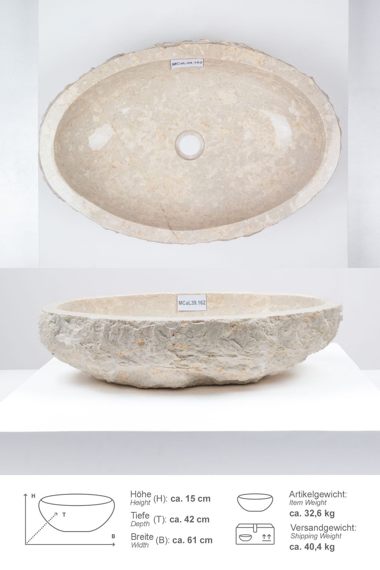 wohnfreuden Aufsatzwaschbecken Erosi Marmor Waschbecken 60 cm creme (Kein Set), 102276_MCaL39.162