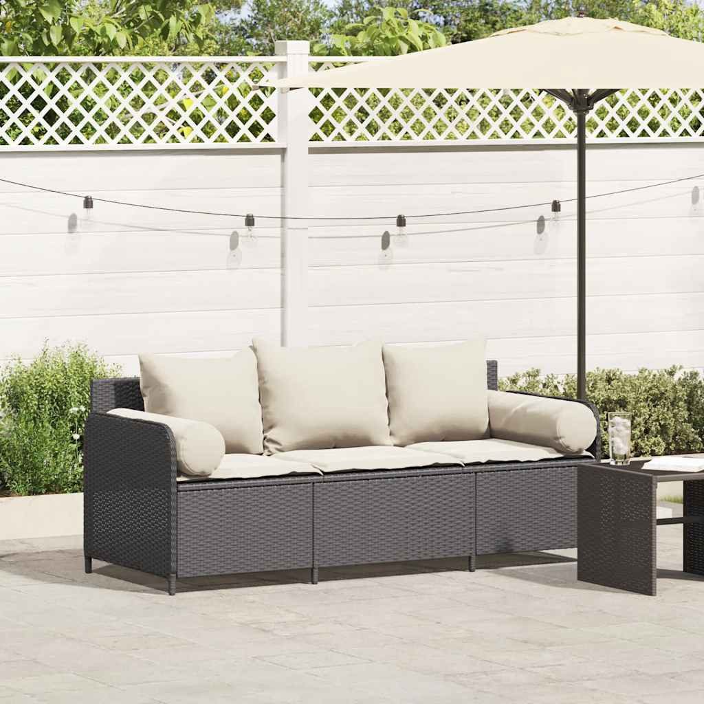 vidaXL Loungesofa Gartensofa mit Kissen 3-Sitzer Schwarz Poly Rattan, 1 Teile