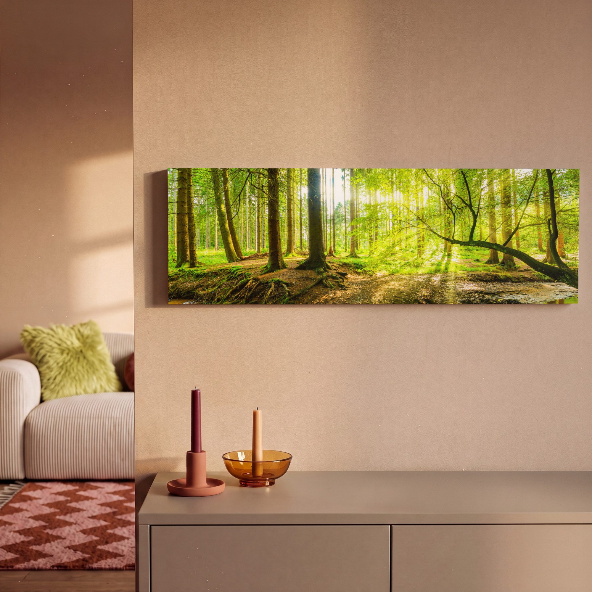 OneMillionCanvasses® Leinwandbild Panorama Wald - Landschaft - Wasser - Bäume - Sonne - Grün - Natur, Fotodruck (1 St), Wandbild, Deko Schlafzimmer Wohnzimmer F – Bild 2 von 5