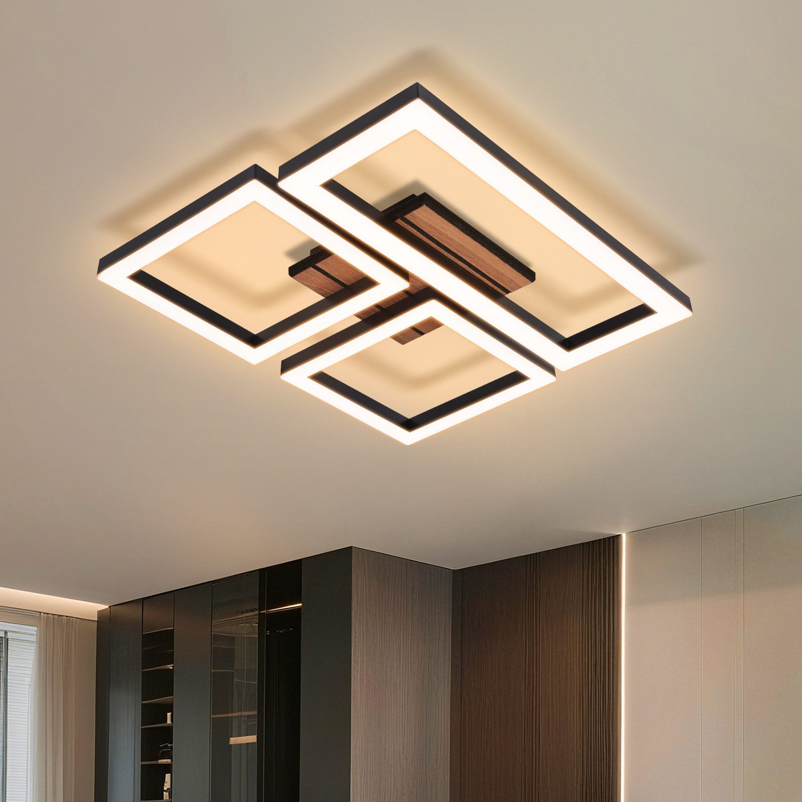 ZMH Deckenleuchte LED Warmweiß 21W Quadrate Holz Deckenlampe für Schlafzimmer & Flur, LED fest integriert, Warmweiß, Die Leuchte eignet sich für Räume von 8-15 Quadratmetern.